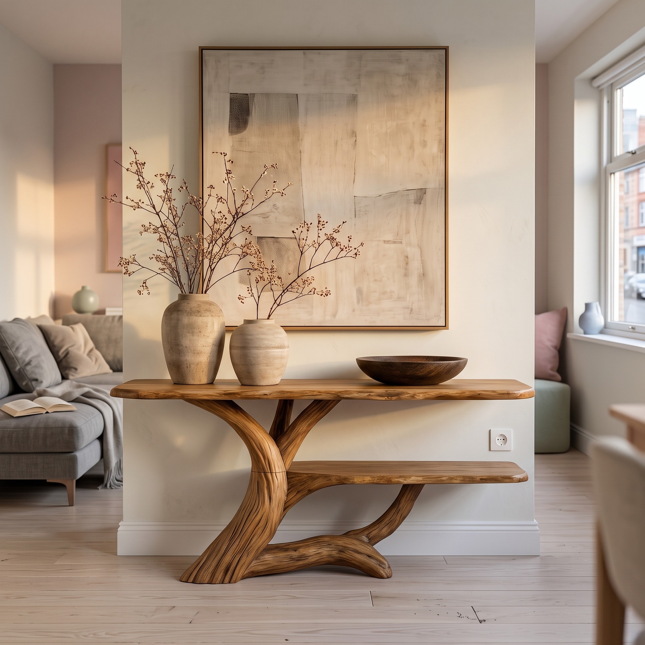 Nature-Inspired Wood Console Table with Open Shelf Storage for Living Room Entryway & Foyer, Rustic Modern Accent