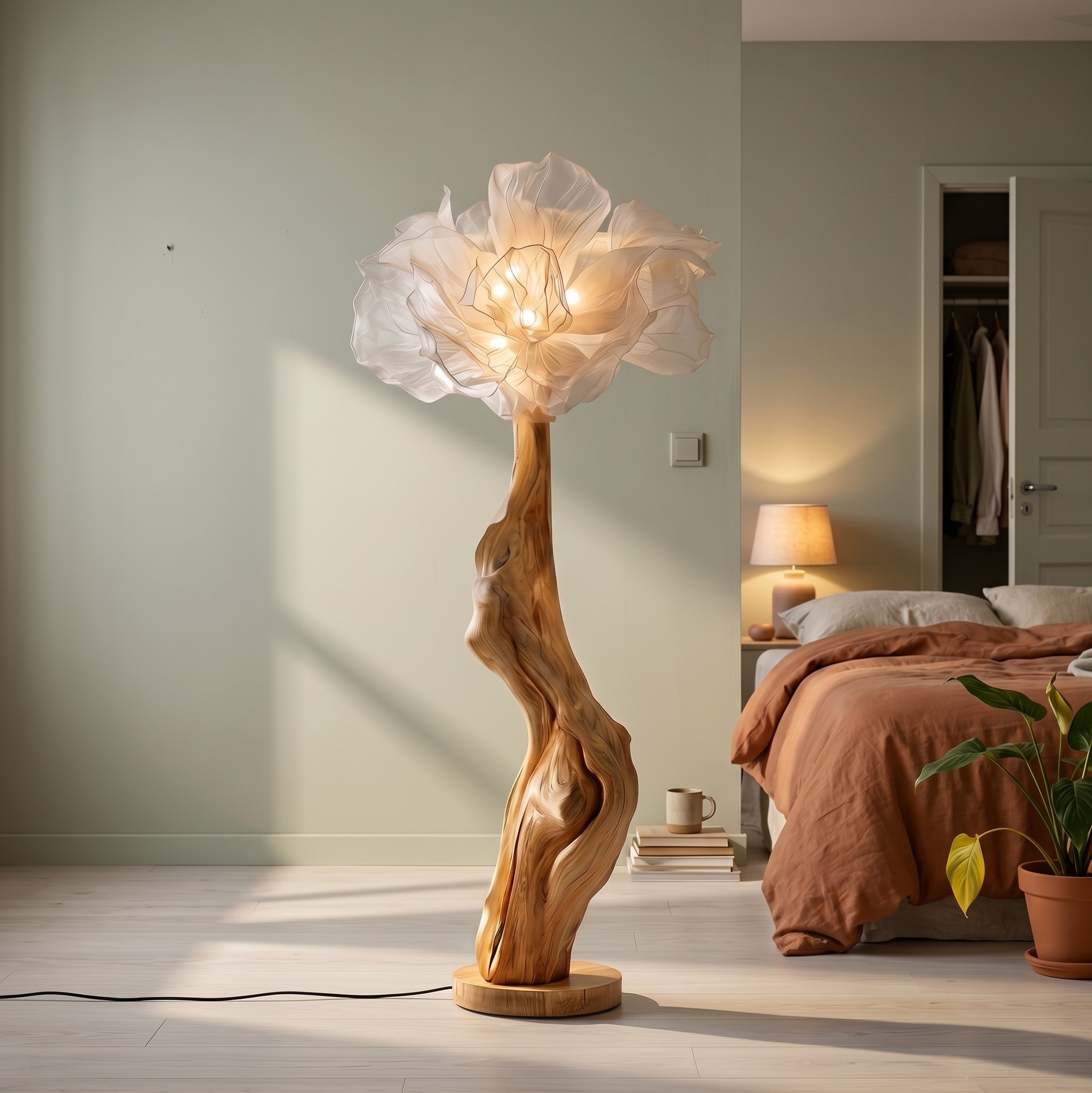 Nature Inspired Wood Floor Lamp, Handcrafted Artistic Flower Display Standing Light for Living Room, Model