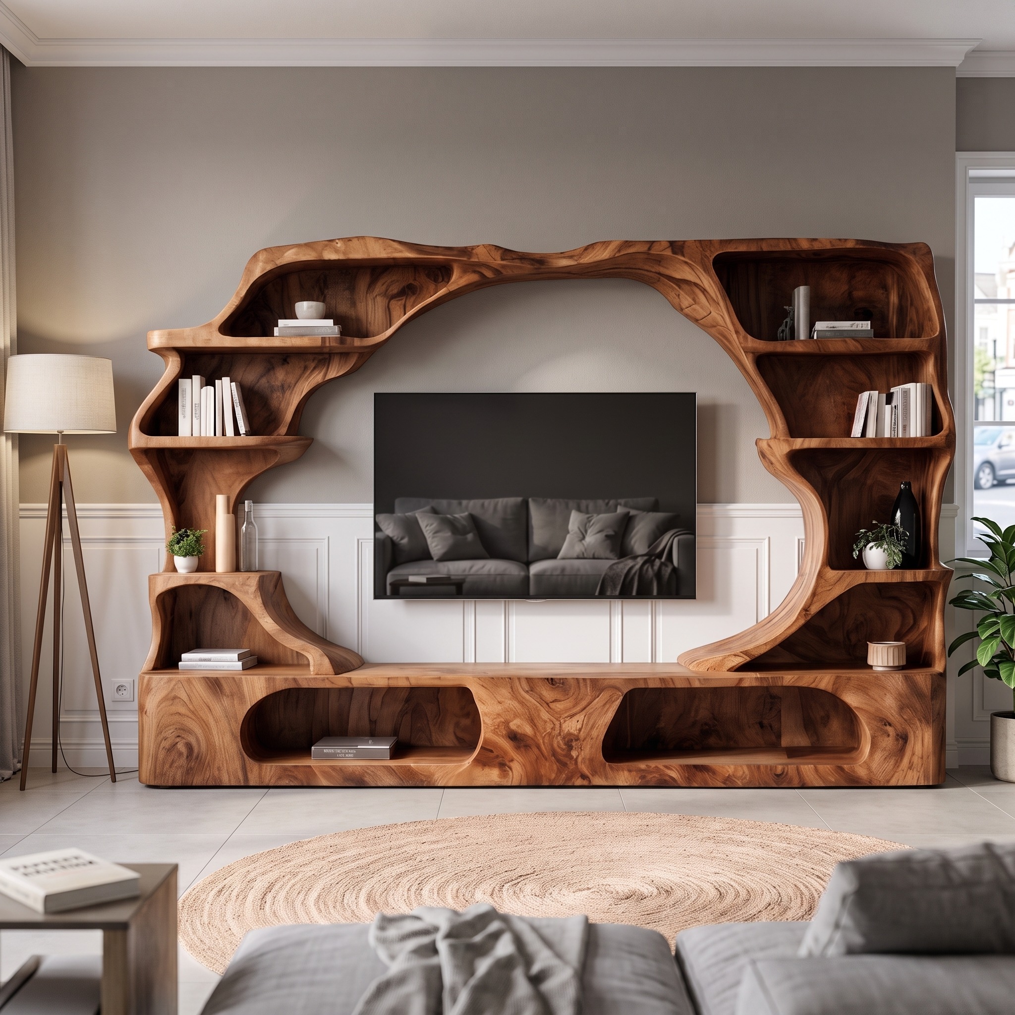 Nature-Inspired Wooden Entertainment Center, Handcrafted Living Room TV Console with Organic Display Shelves, Model