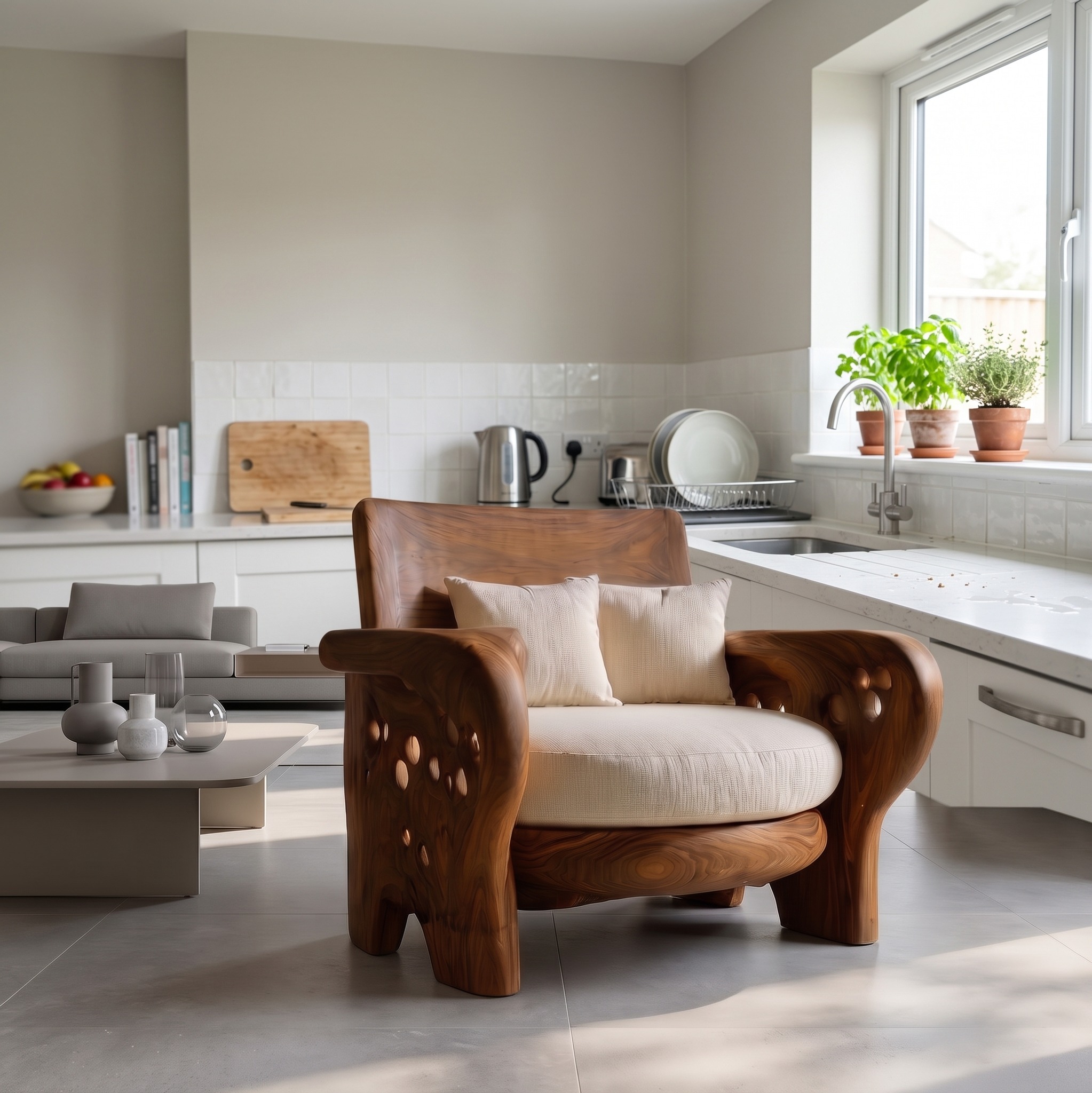 Nature Inspired Wooden Lounge Chair, Handcrafted Solid Wood Accent Armchair for Living Room