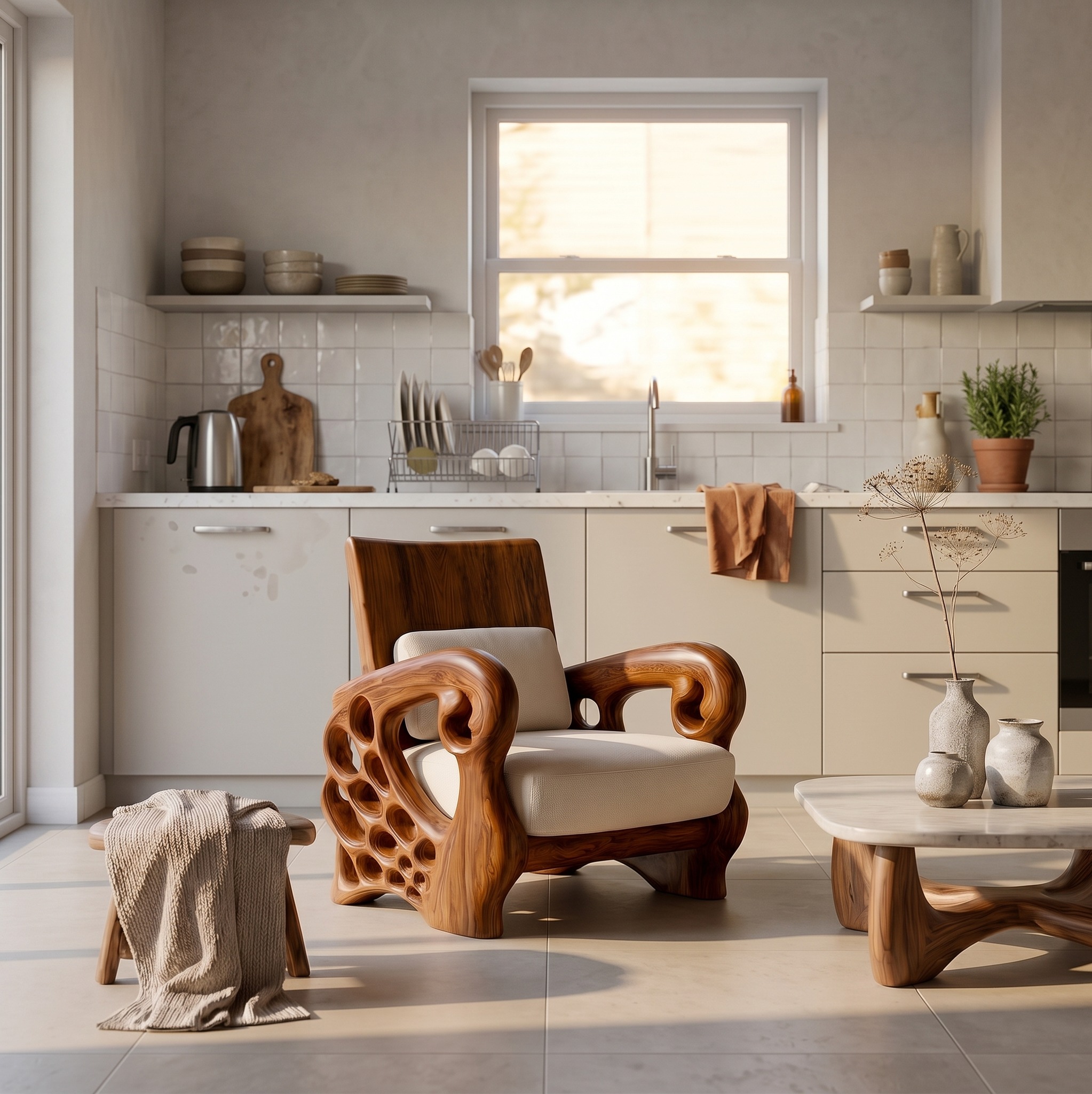 Nature Inspired Wooden Lounge Chair, Sculptural Accent Armchair for Living Room & Nook