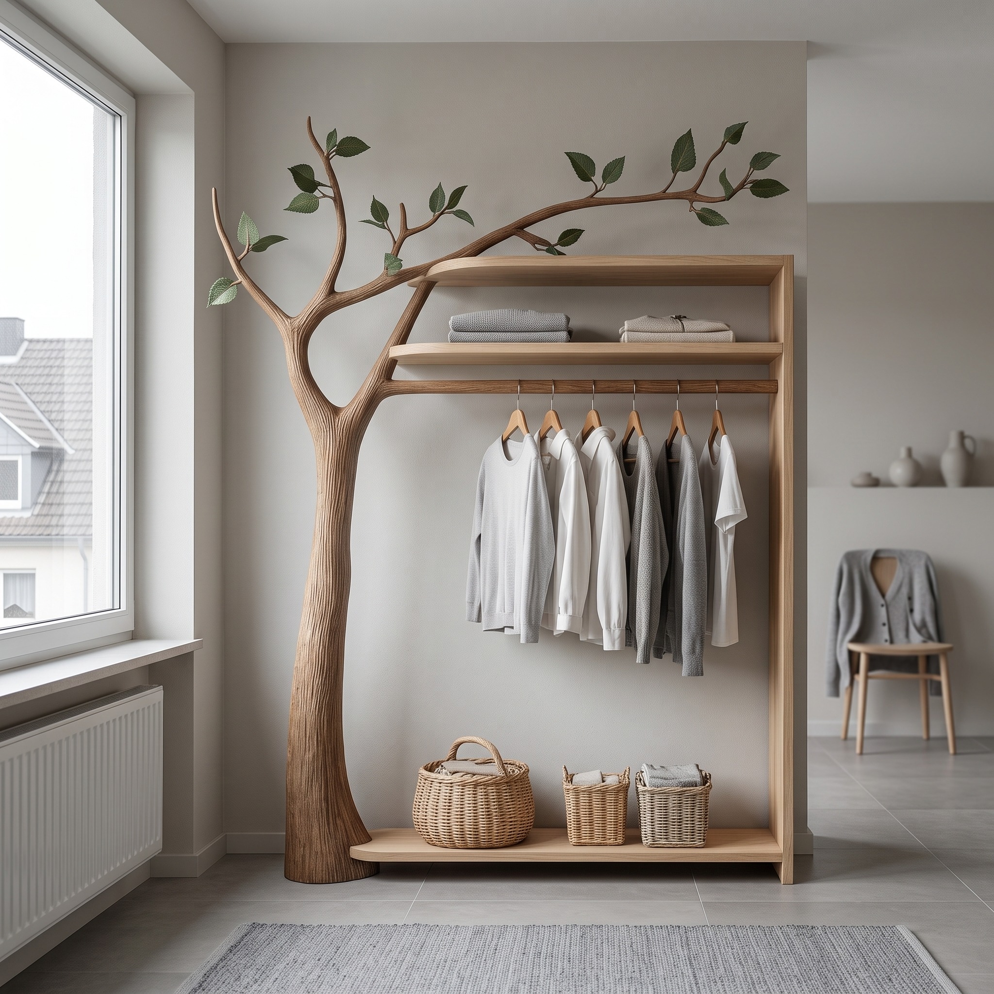 Nature-Inspired Wooden Tree Clothing Rack, Solid Wood Standing Coat Hanger, Modern Bedroom Garment Closet Organizer