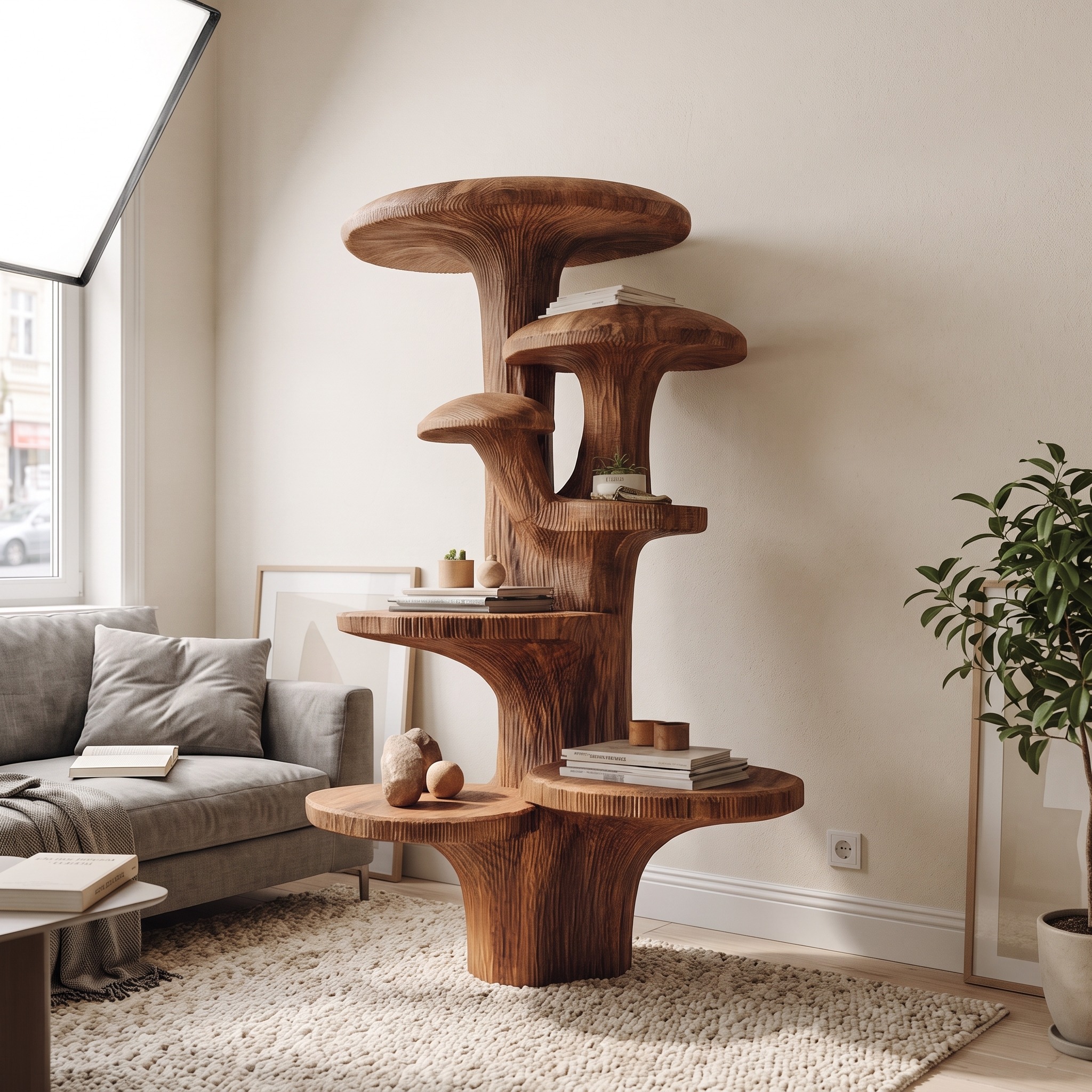 Nature Mushroom Inspired Wood Tree Accent Shelf, Handcrafted Floating Branch Wall Display for Living Room Gallery
