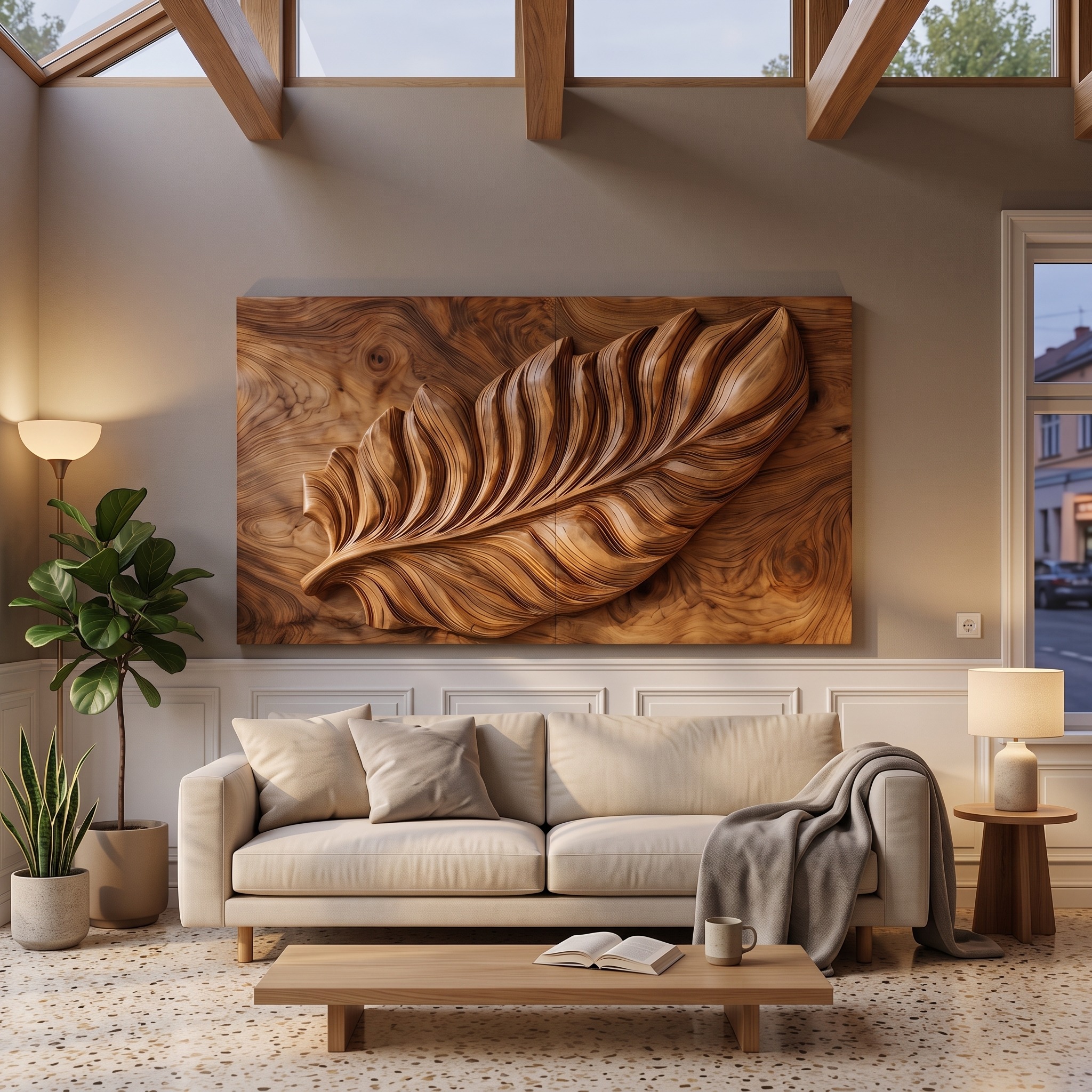 Nature Wooden Wall Art with Carved Leaf Design, Decorative Foliage Wall Panel for Living Room