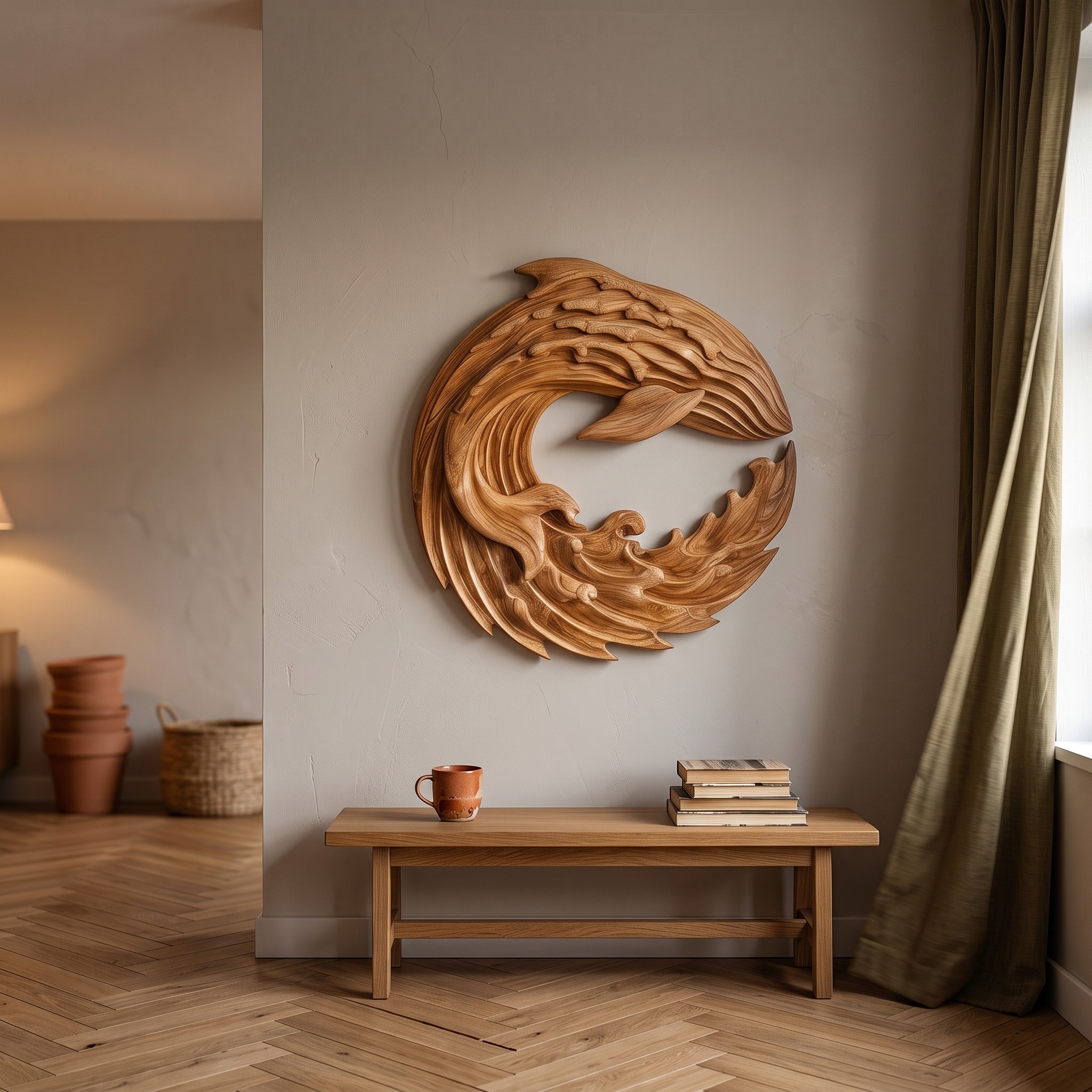 Ocean Wave 3D Wood Wall Art, Handcrafted Contemporary Wooden Sculpture for Luxury Living Room & Office Decor