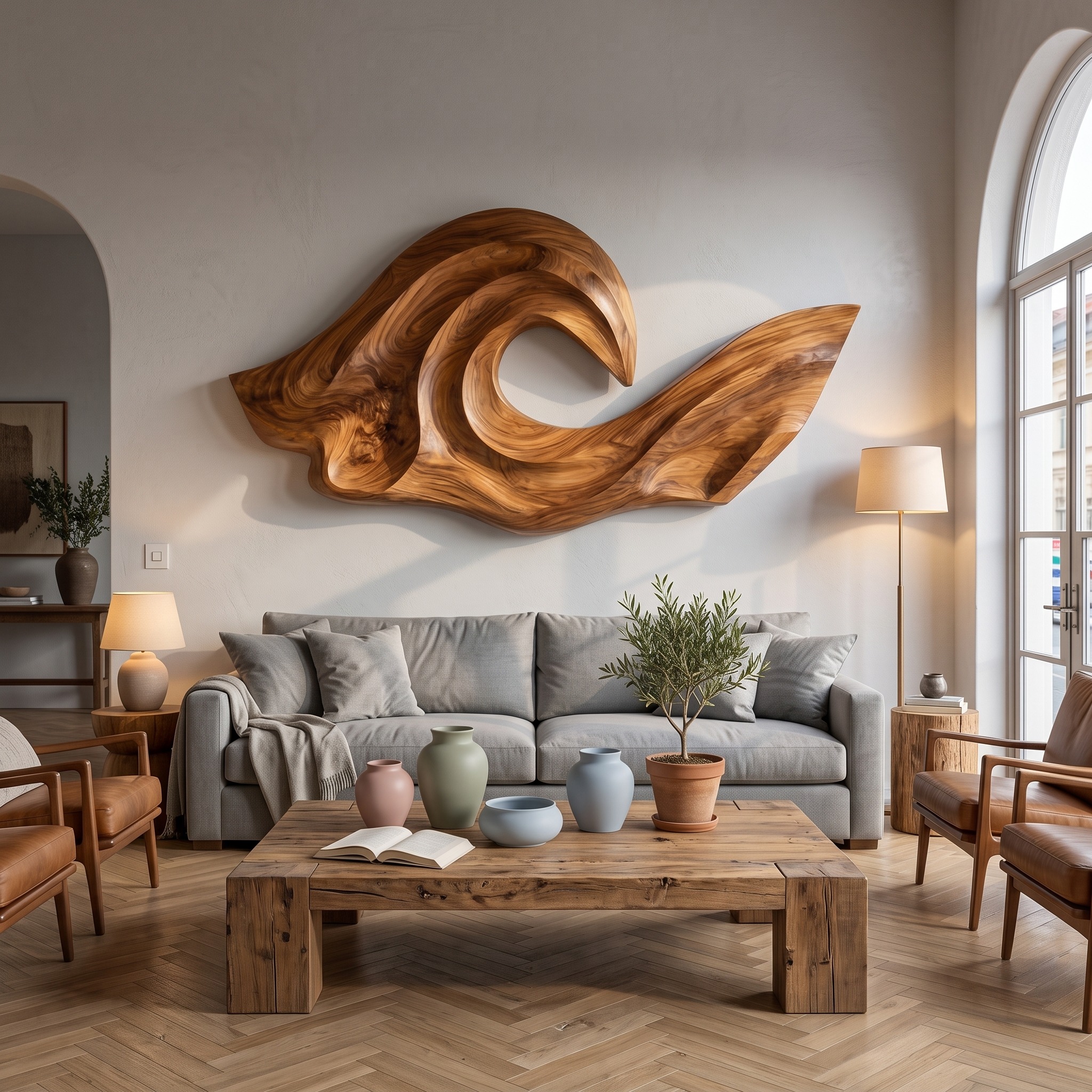 Ocean Wave Inspired Wood Wall Art, 3D Hand-Carved Coastal Wooden Sculpture Panel for Living Room Decor