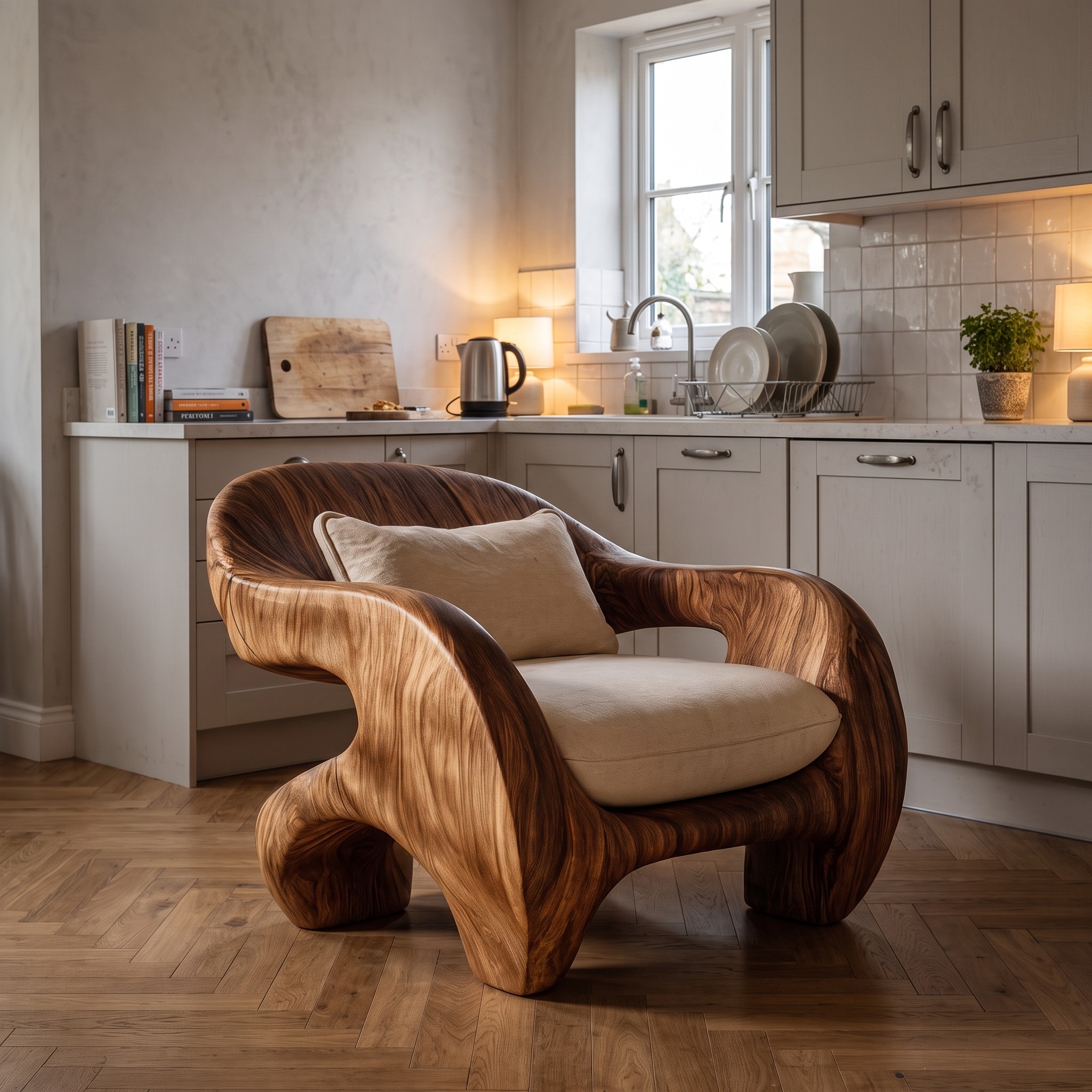Organic Armchair Sculptural Wood Frame Design for Living Room