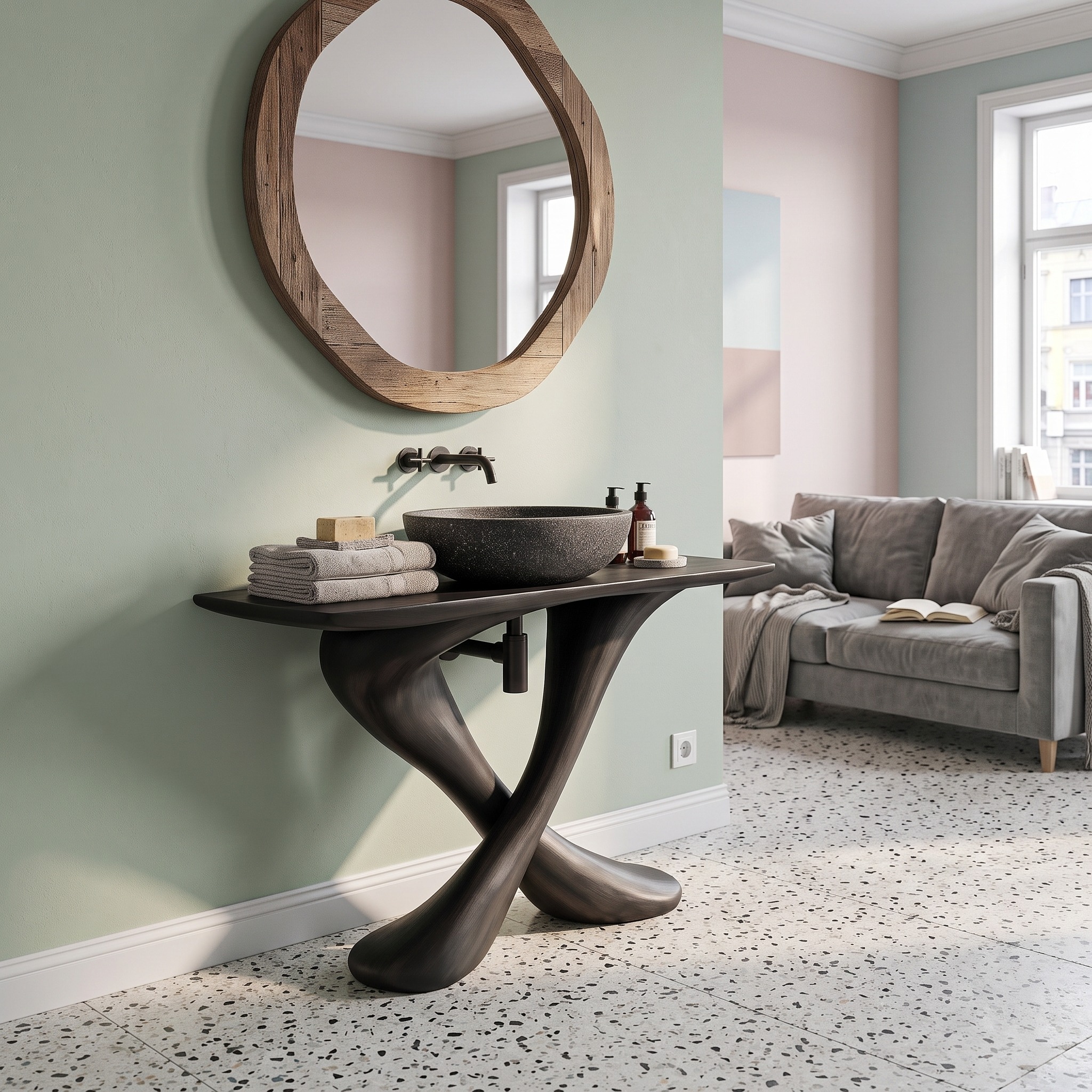 Organic Bathroom Vanity with Sculptural Tree Trunk Base for Bathroom