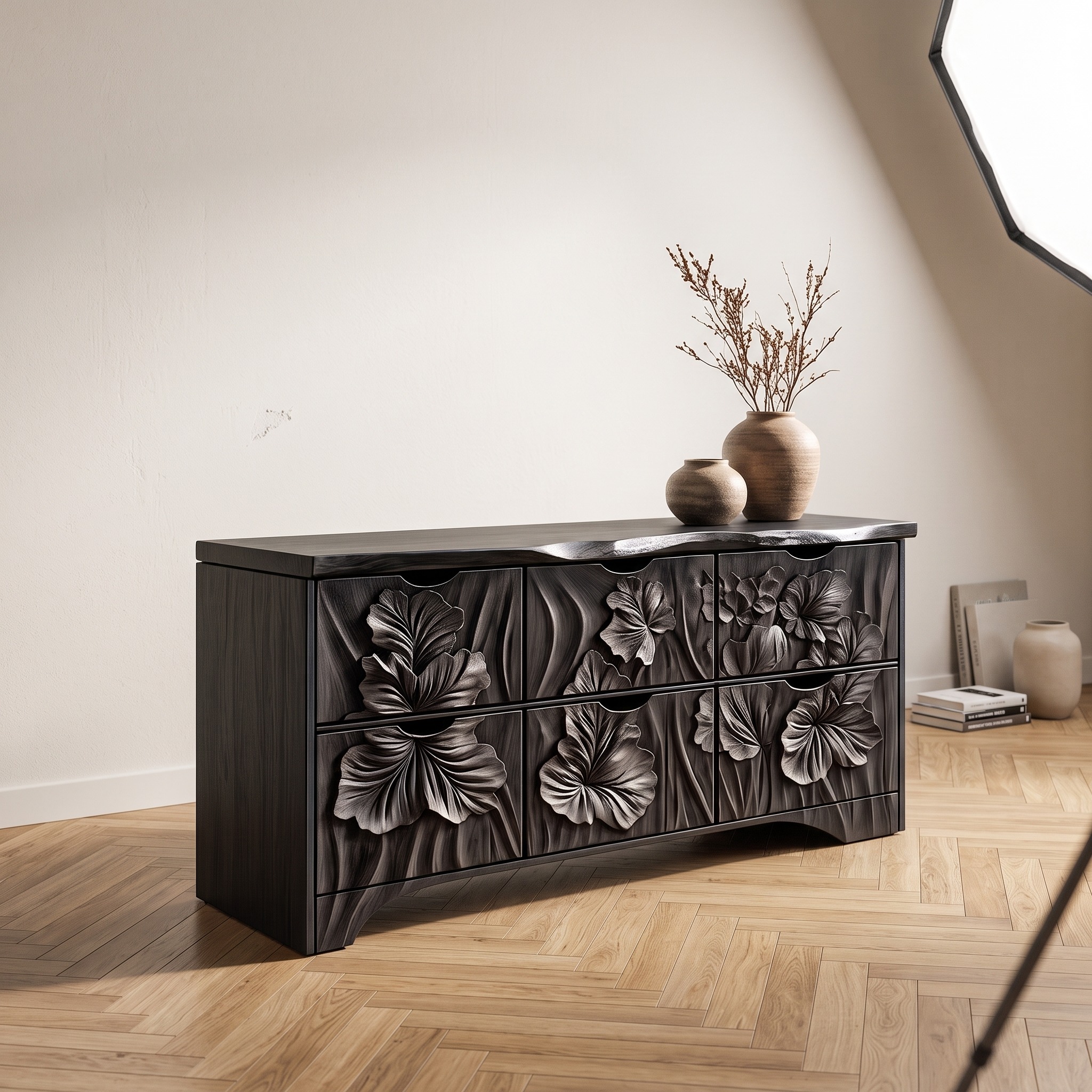 Organic Bedroom Dresser with Flowing Leaf Carved Design for Bedroom