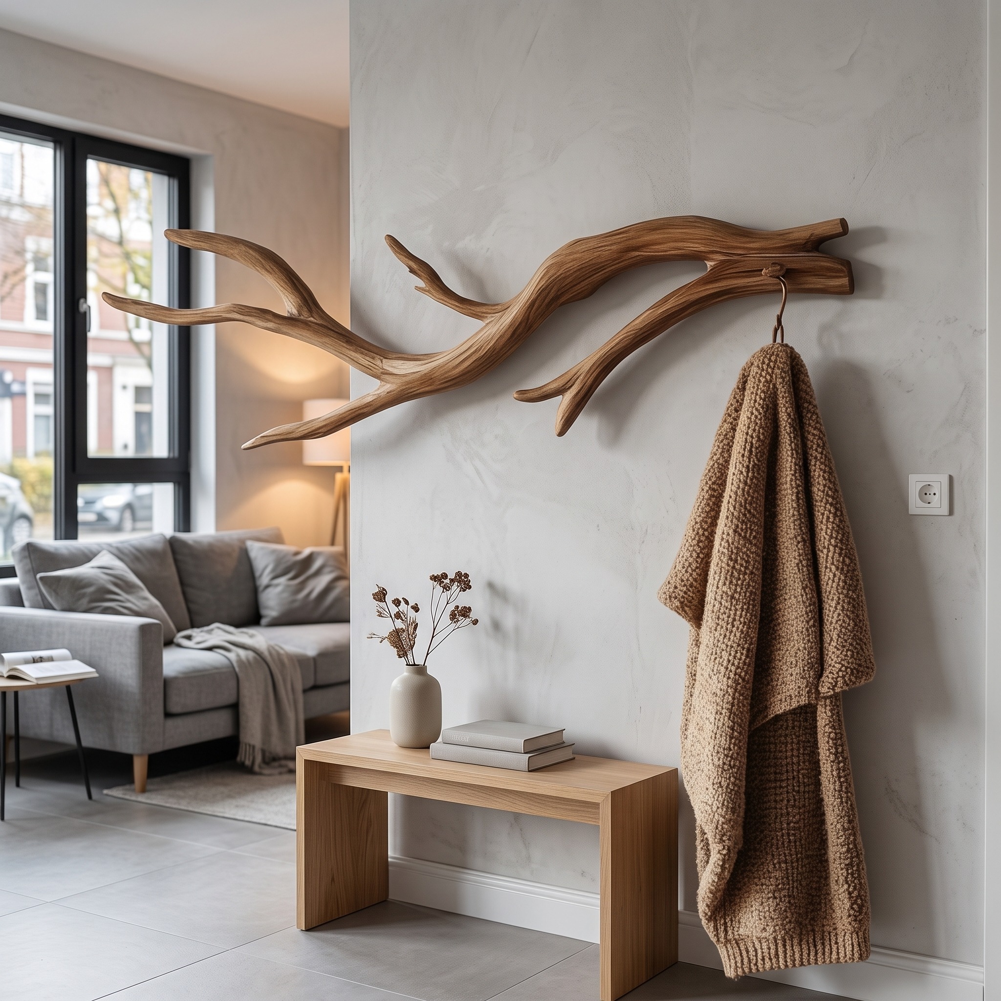 Organic Branch Wall Hook Solid Wood Rustic Entryway Accent