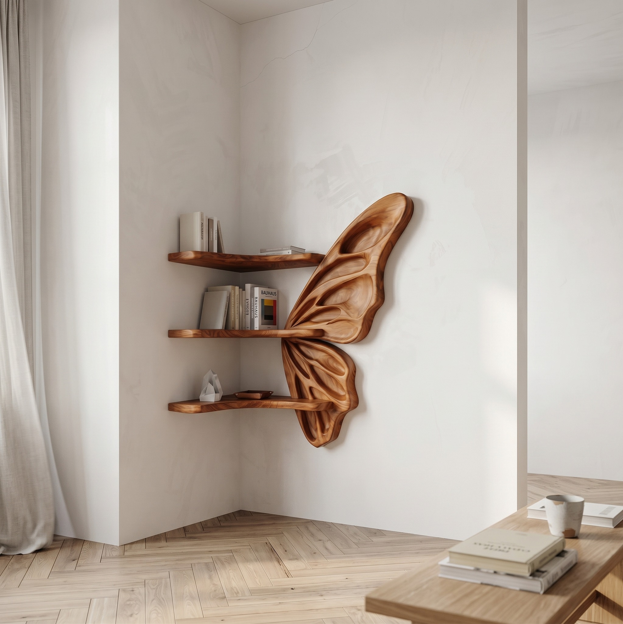 Organic Butterfly Wooden Wall Shelf, Handcrafted Floating Display Tiered Rack for Nursery, Bedroom & Living Room Decorative Storage