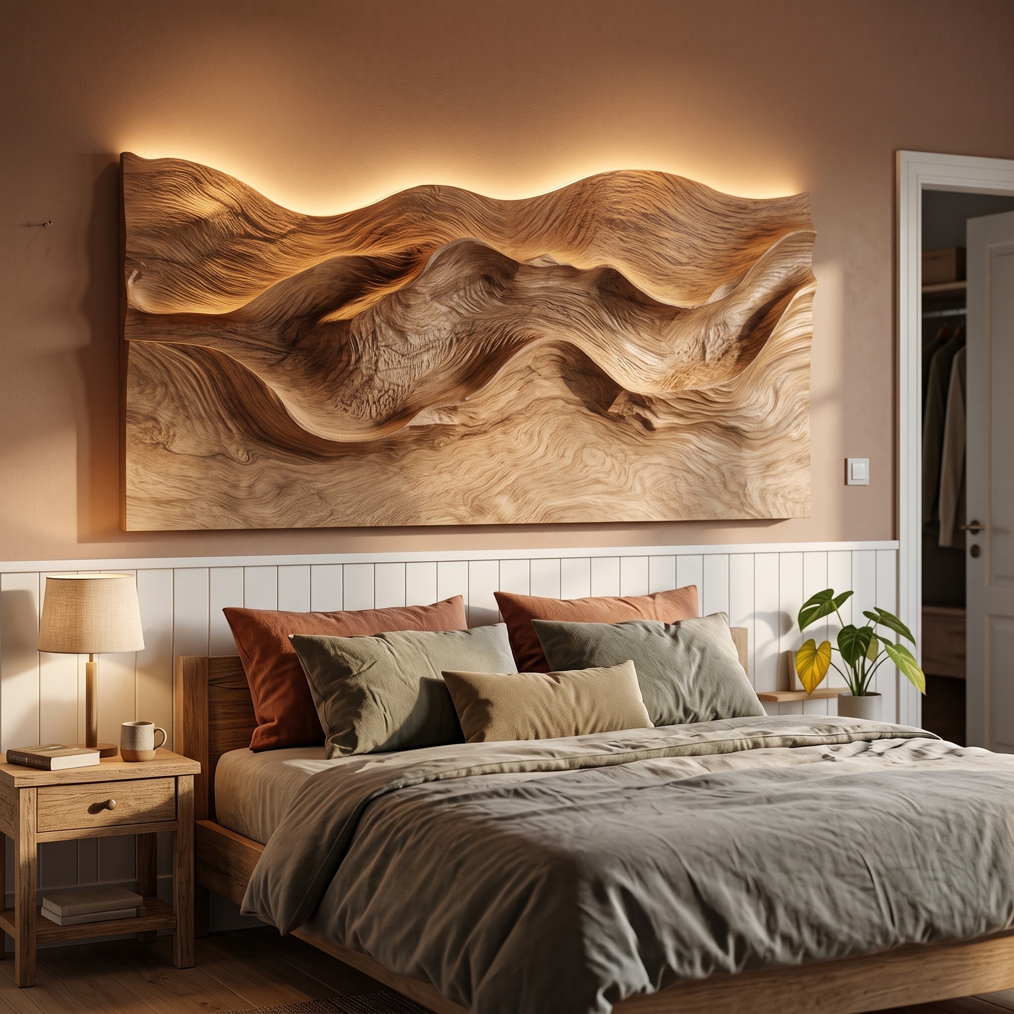 Organic Carved Wood Headboard Solid Wood Bedroom Interior Feature