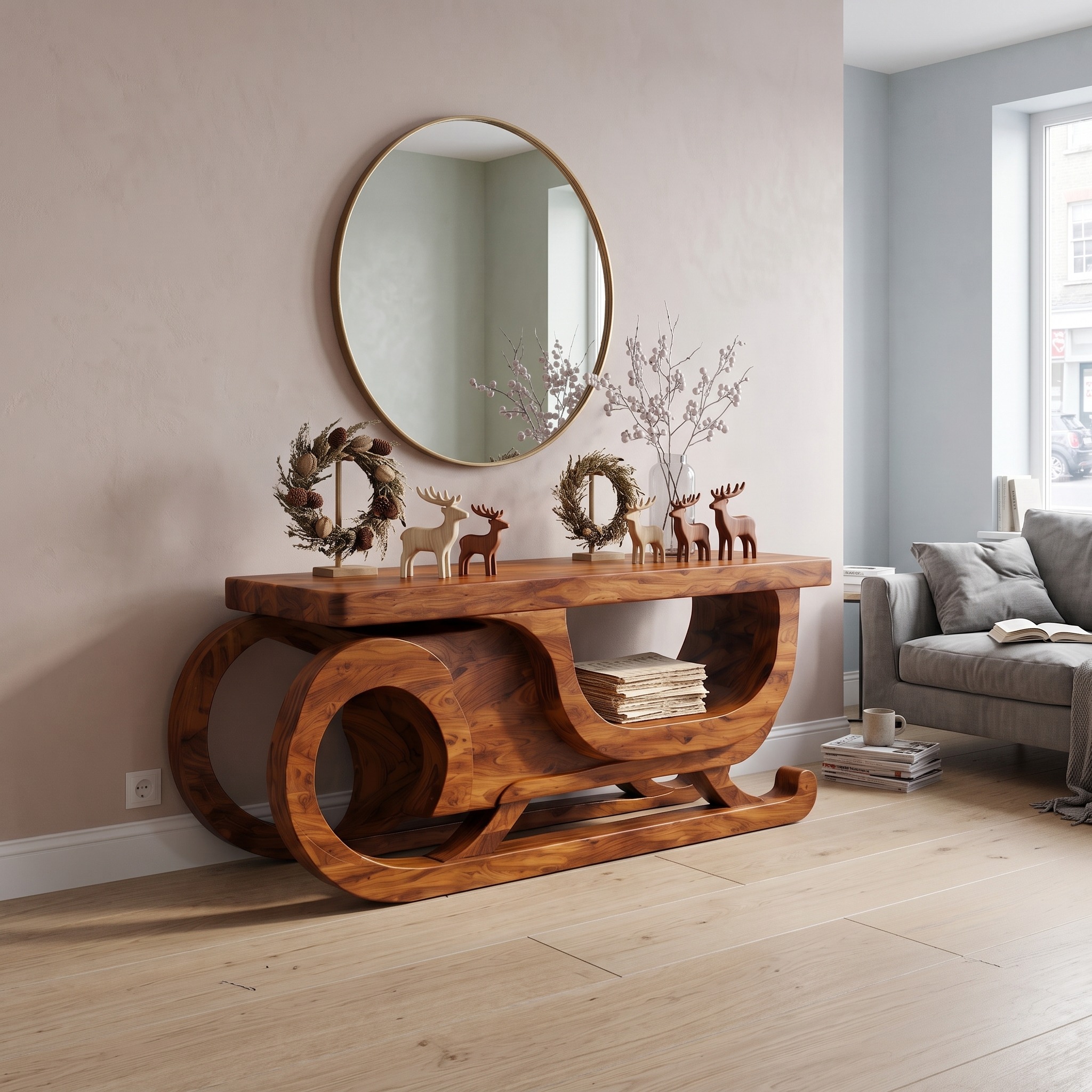 Organic Christmas Console Table with Sculptural Sleigh Design for Entryway and Living Room