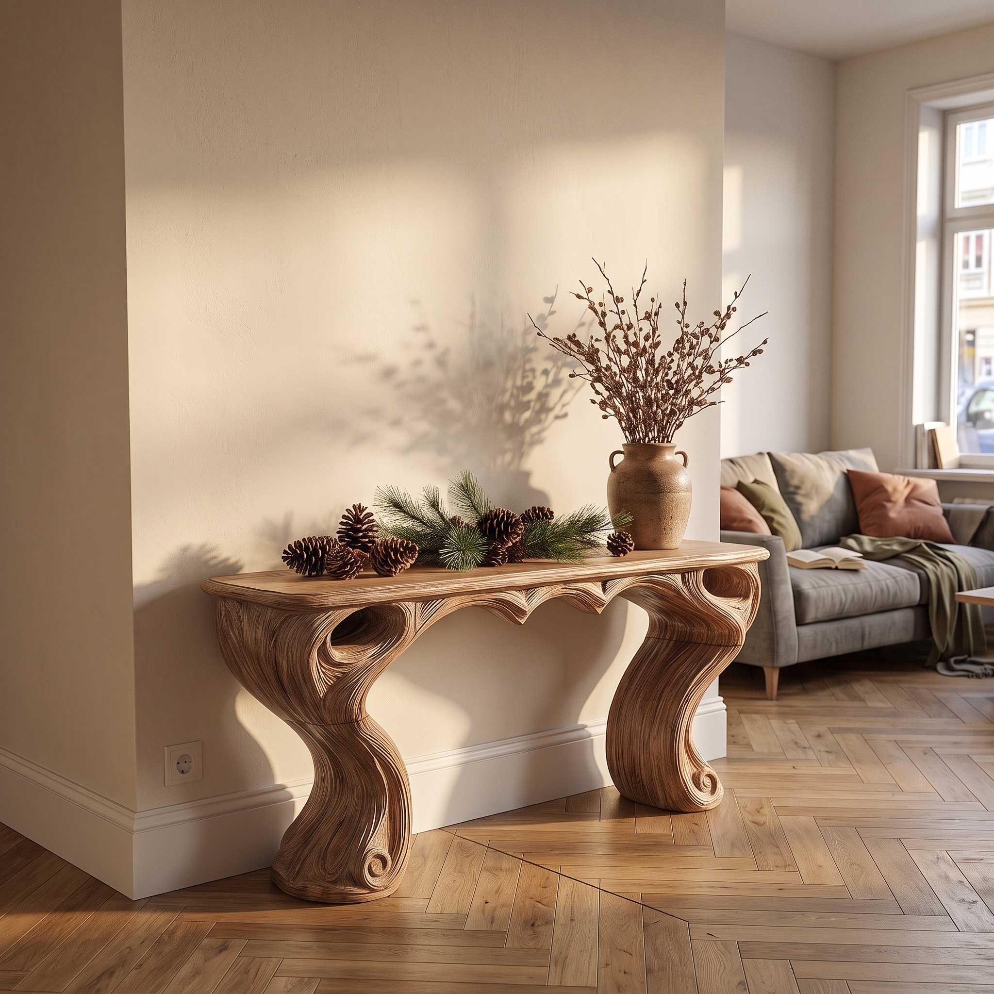 Organic Console Table with Hidden Drawers for Entryway Living Room and Hallway