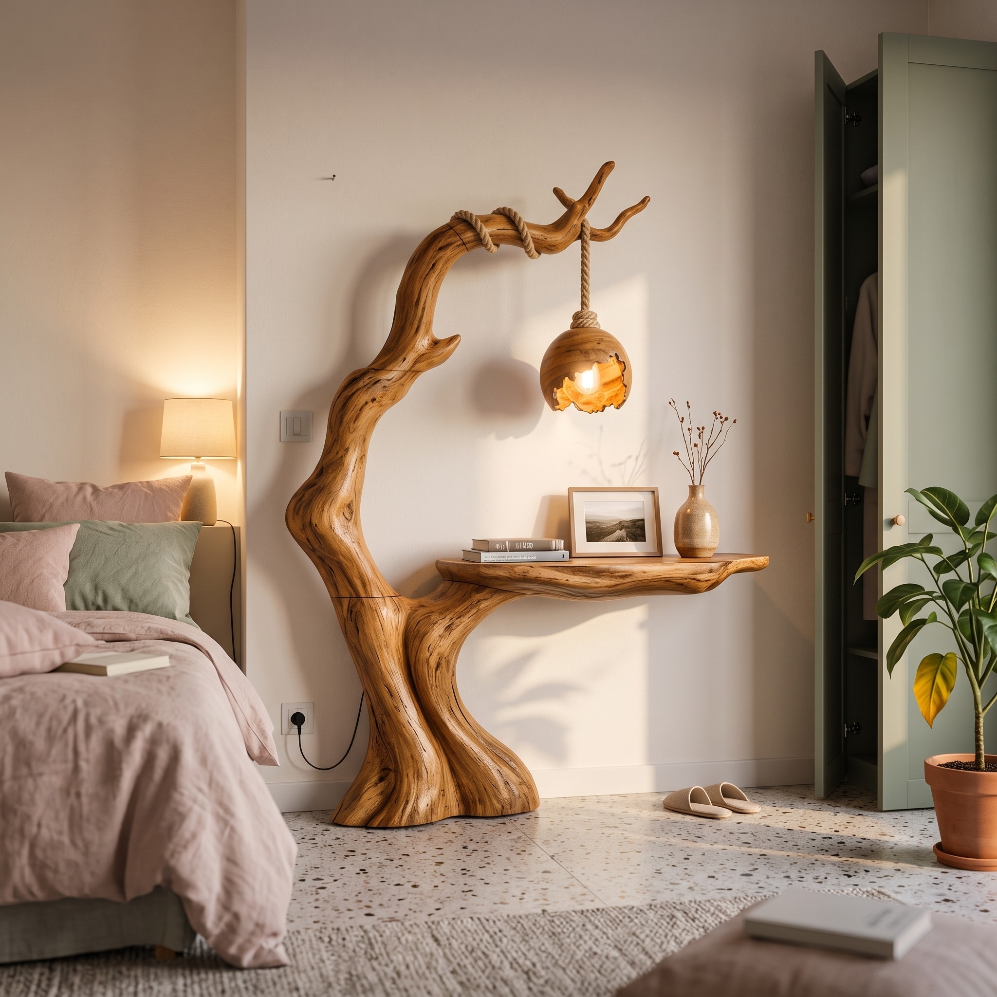 Organic Console Table with Tree Branch Floor Lamp Design for Entryway and Living Room