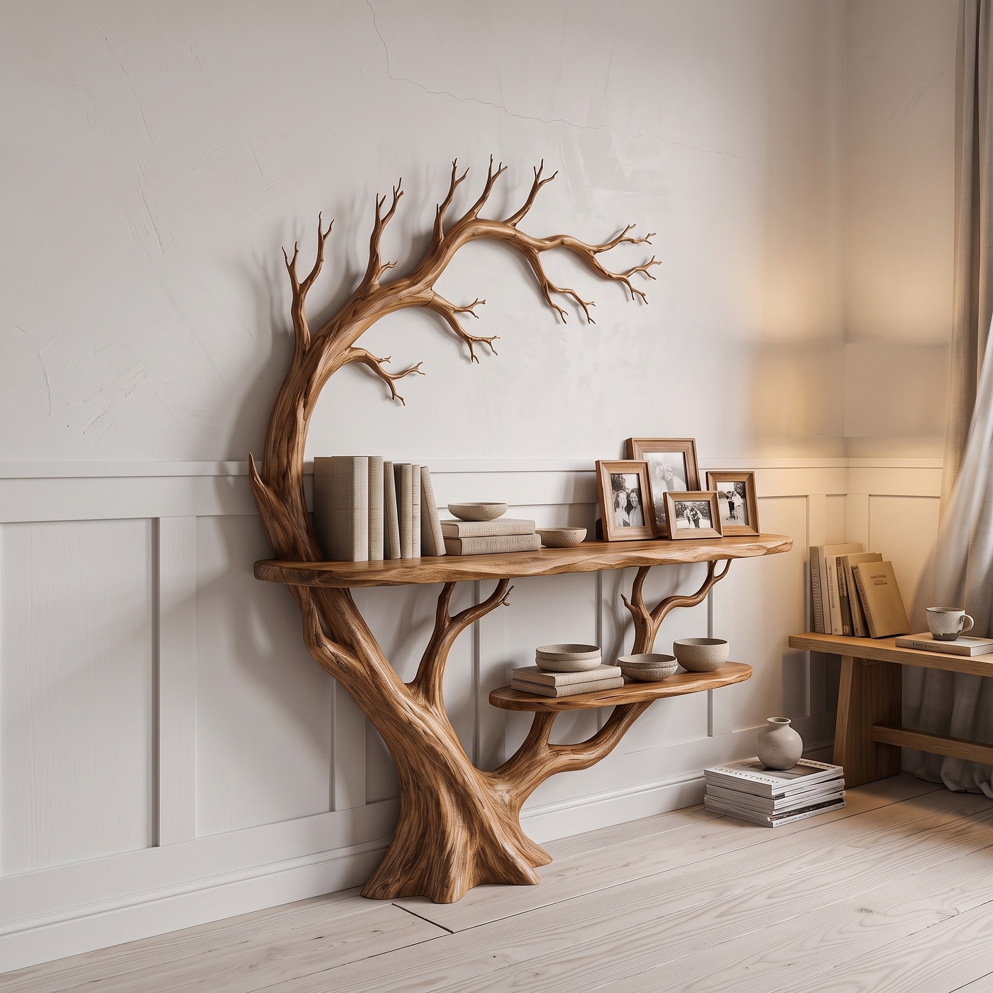 Organic Console Table with Tree Branch Shelf Design for Entryway and Living Room