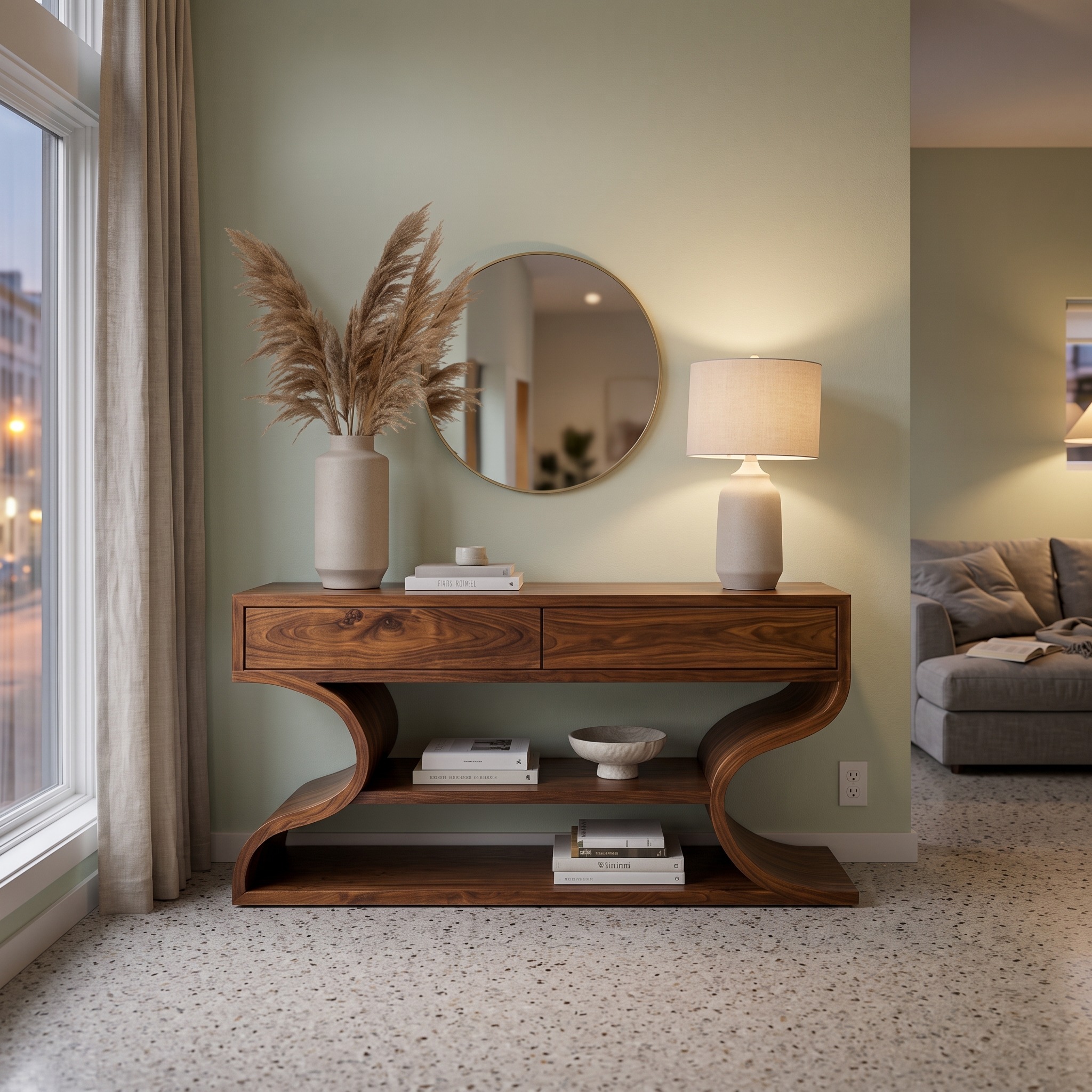 Organic Console Table with Two Curved Sides for Living Room