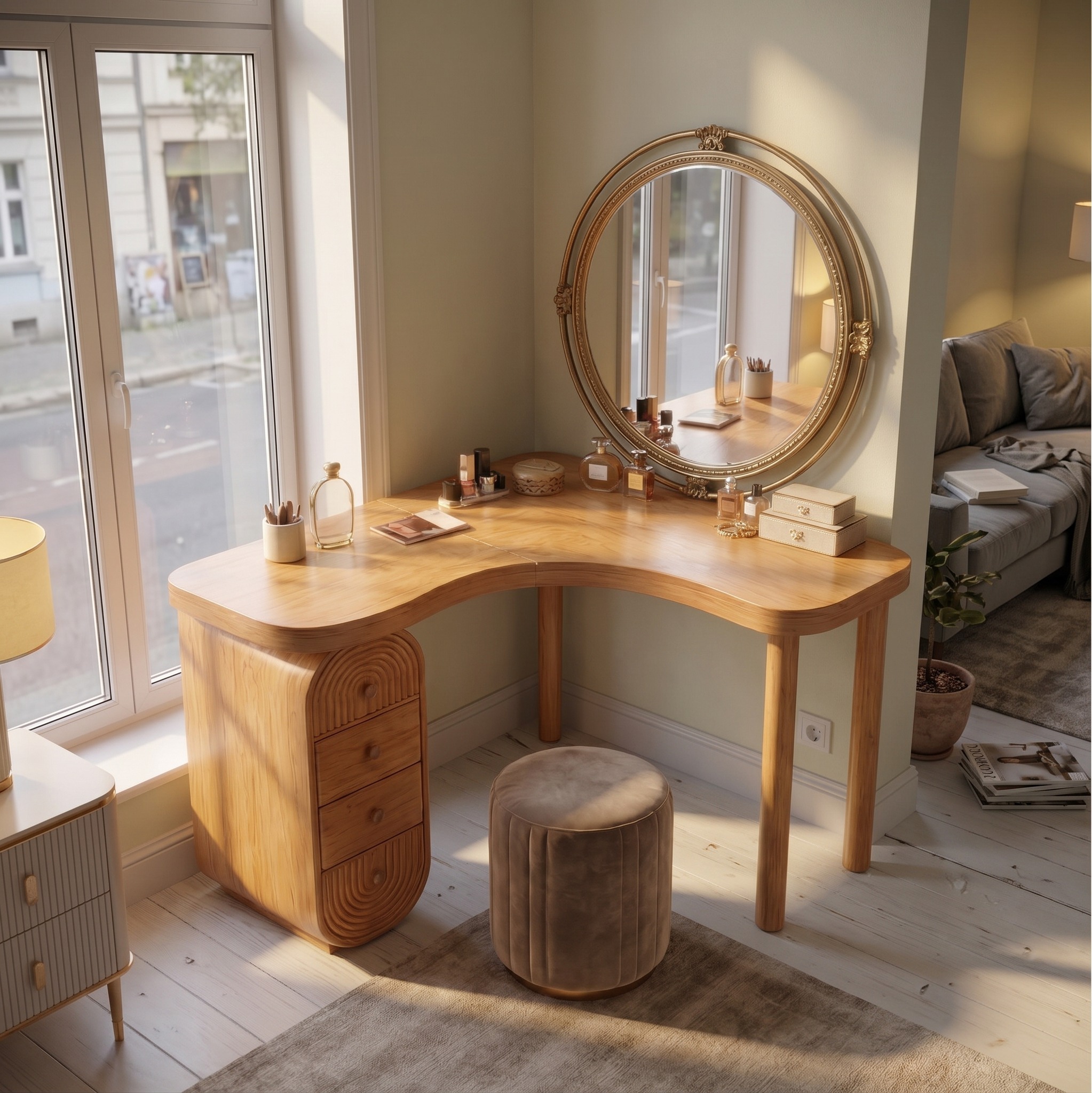 Organic Corner Dressing Table Functional Drawer Storage Bedroom and Dressing Room