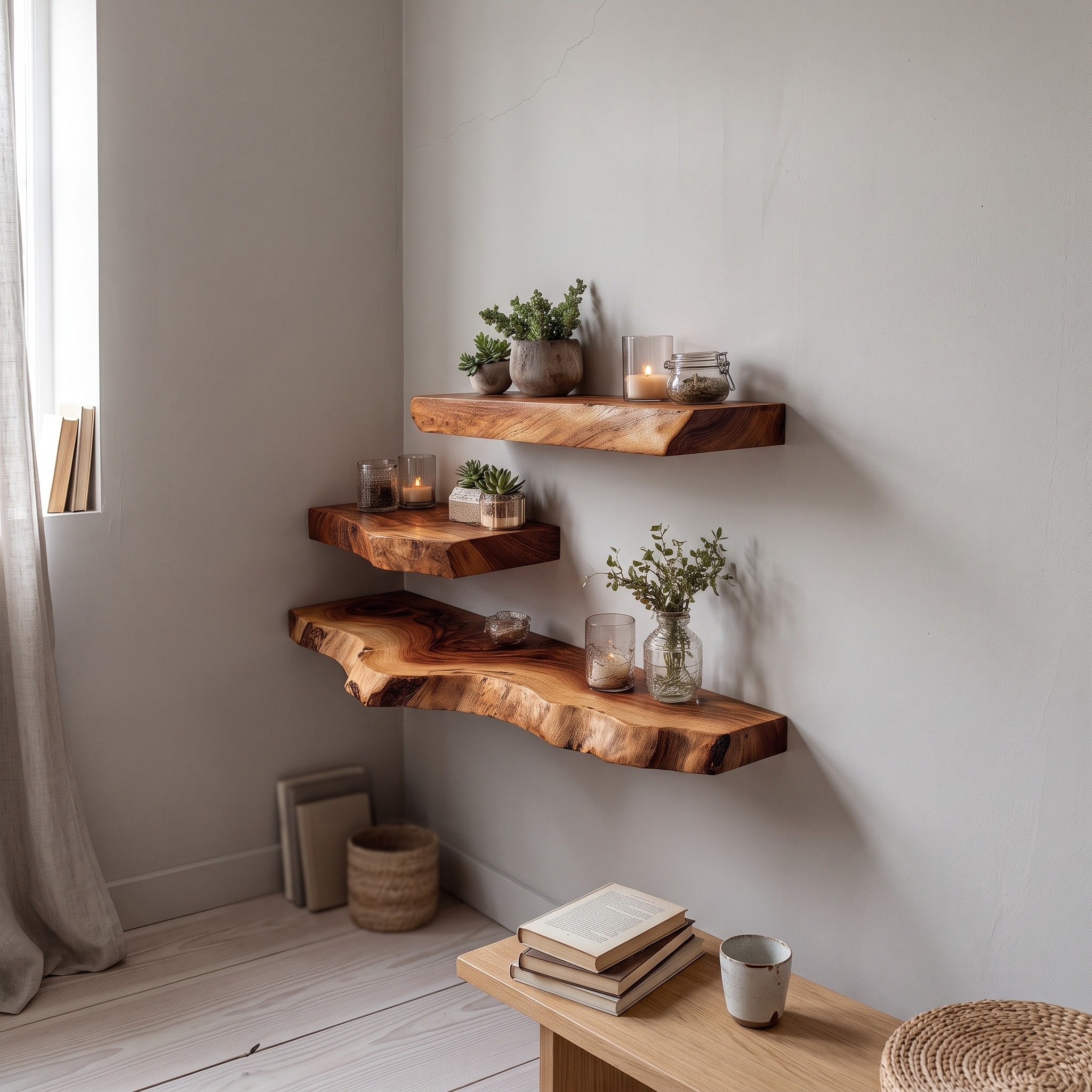 Organic Corner Floating Shelves Office Corner or Study Room