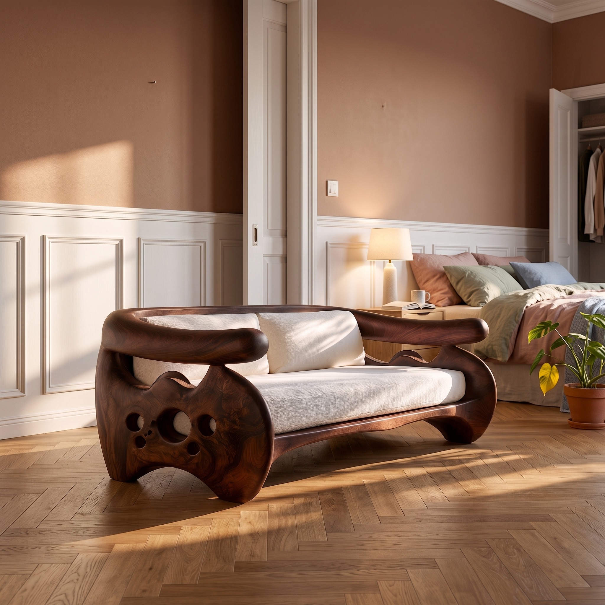 Organic Curved Sofa with Sculptural Wooden Base for Living Room