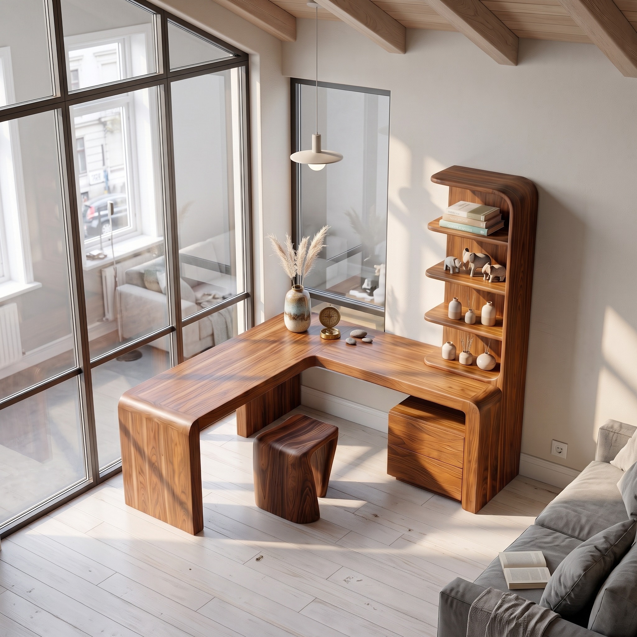 Organic Desk with Storage Shelves and Cabinet for Home Office