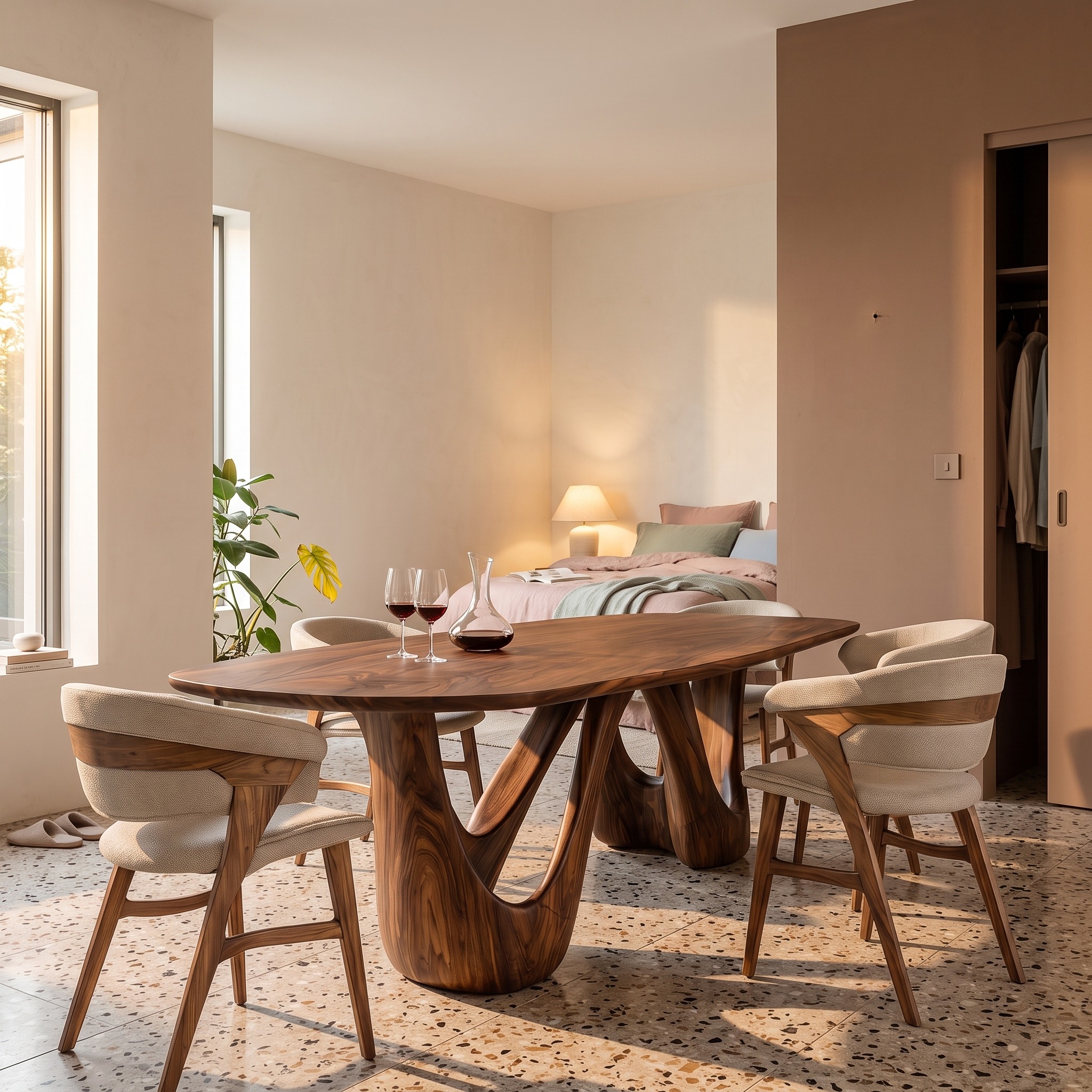 Organic Dining Table with W-Shape Base for Dining Room