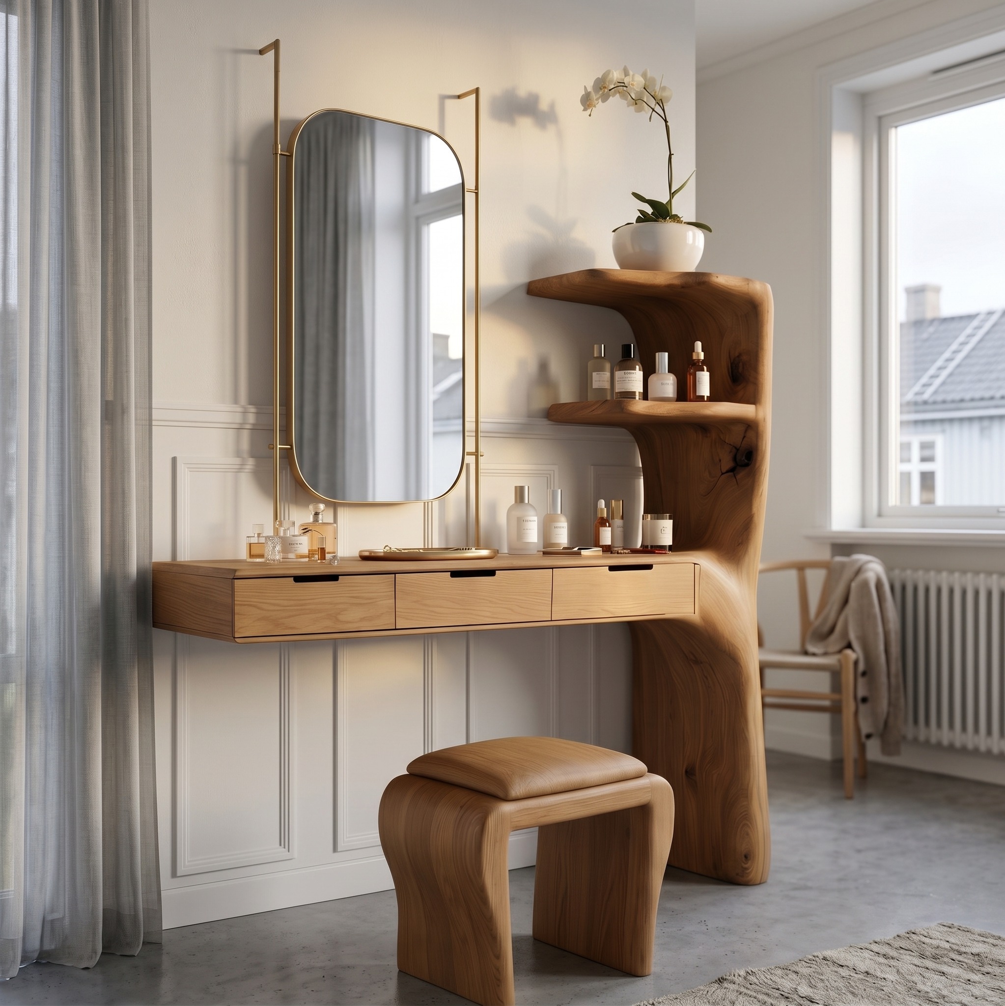 Organic Dressing Table with Built in Storage Shelves for Bedroom and Dressing Room