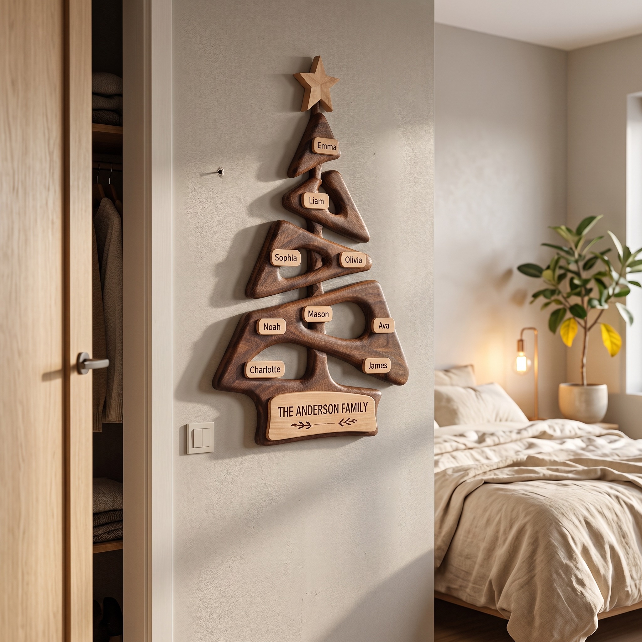 Organic Family Tree Wall Art with Custom Family Name Sign for Living Room and Foyer