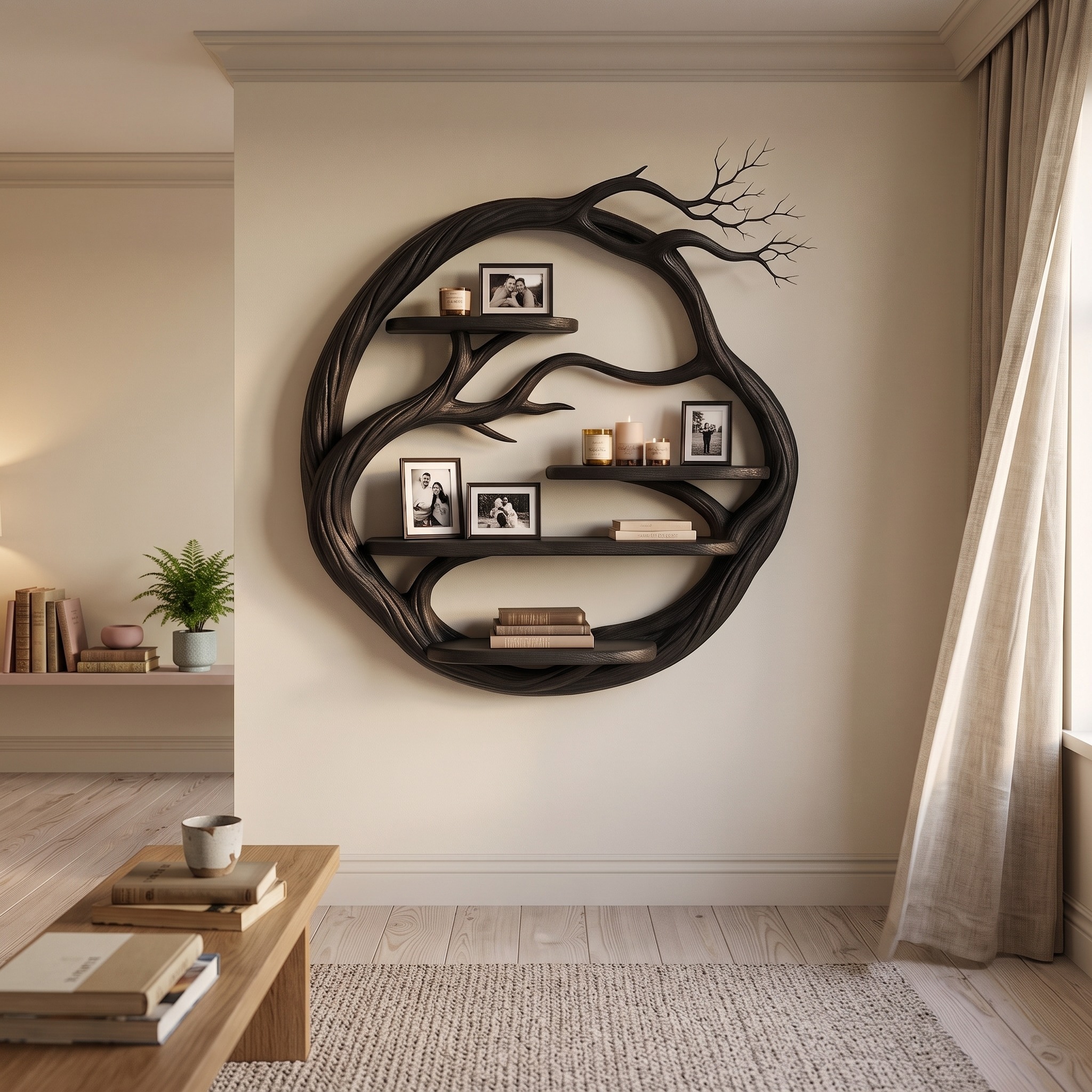 Organic Floating Shelf with Circular Tree Branch Design for Living Room and Home Office