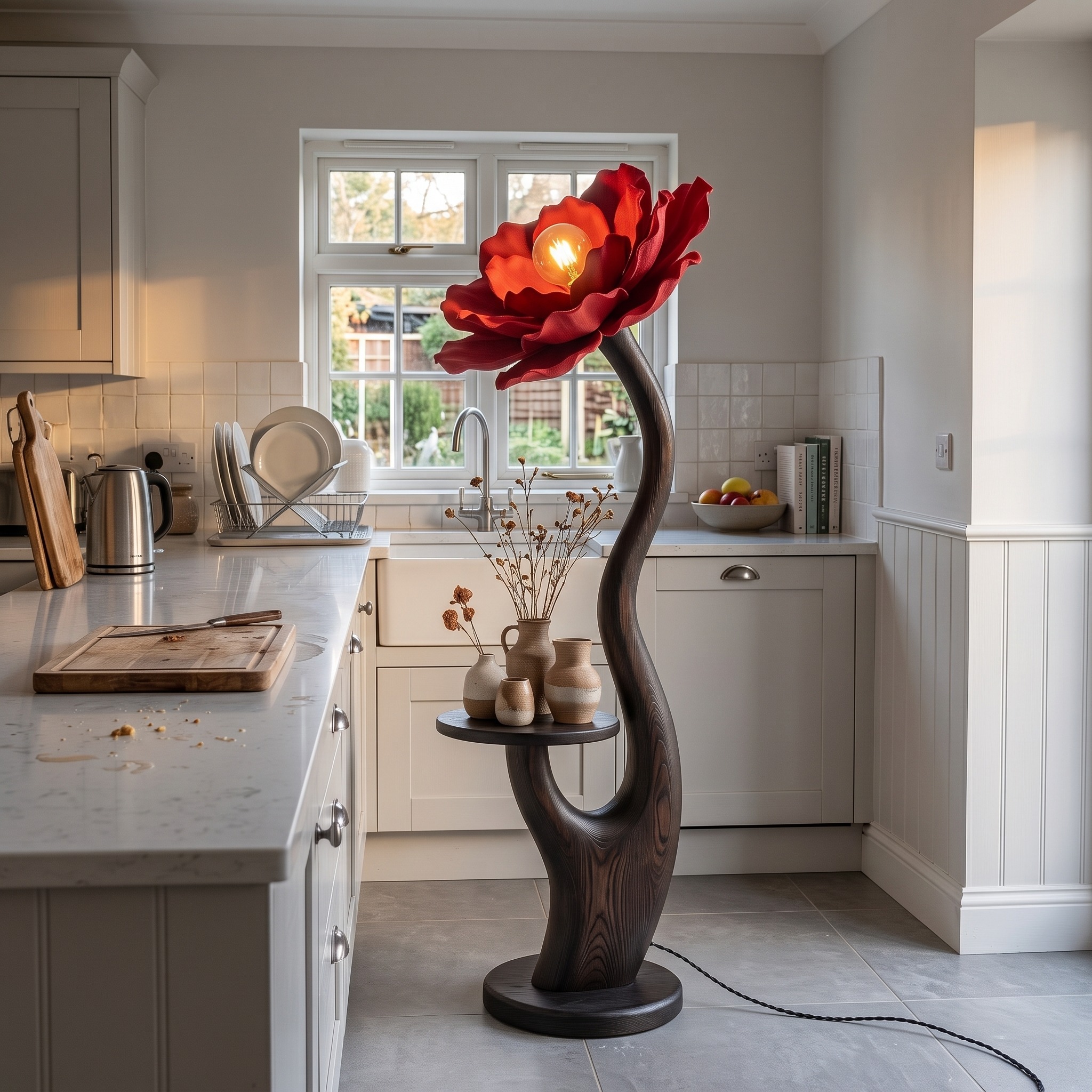 Organic Floor Lamp with Built in Bedside Table and Flower Shade for Living Room