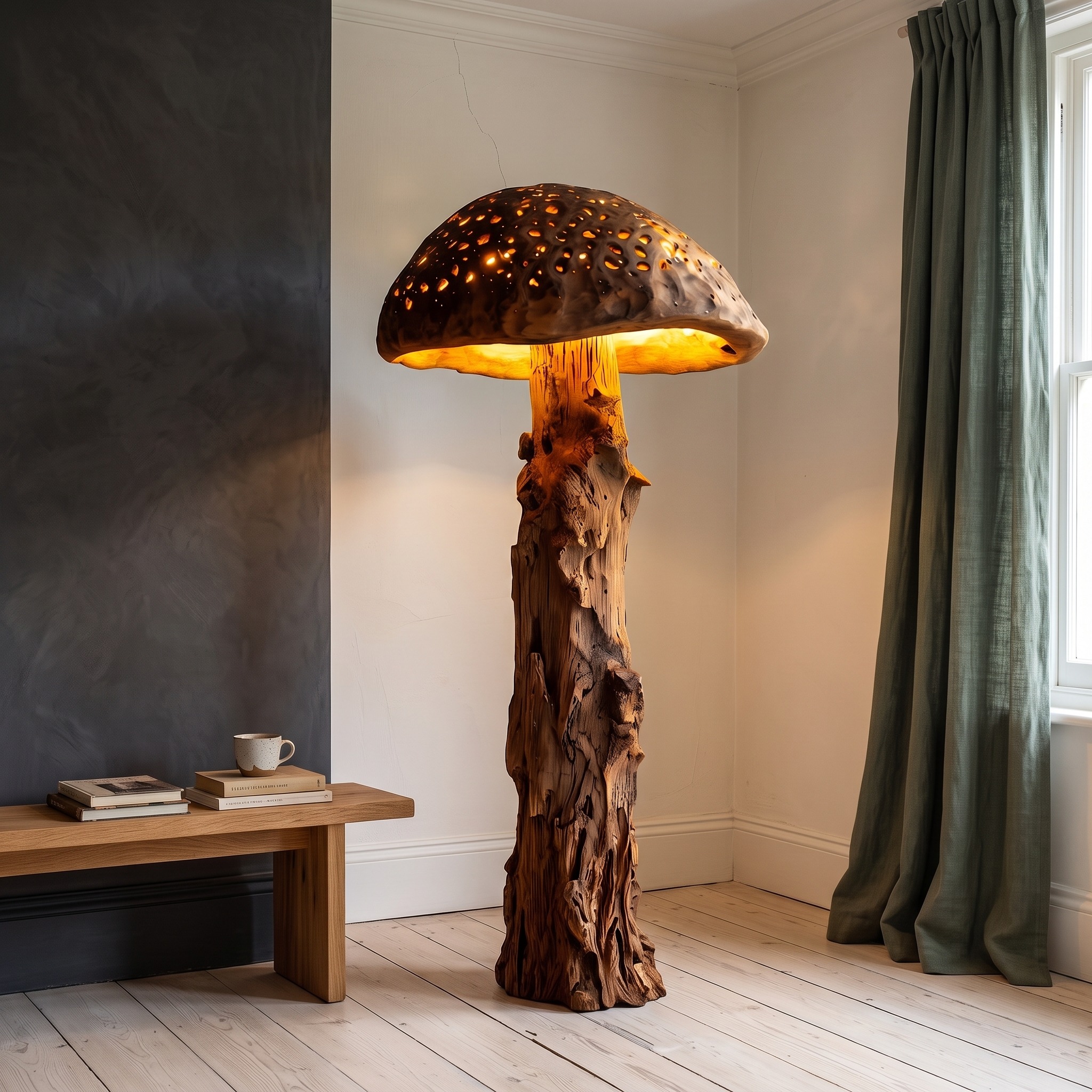 Organic Floor Lamp with Tree Trunk Base and Sculptural Shade for Living Room and Bedroom