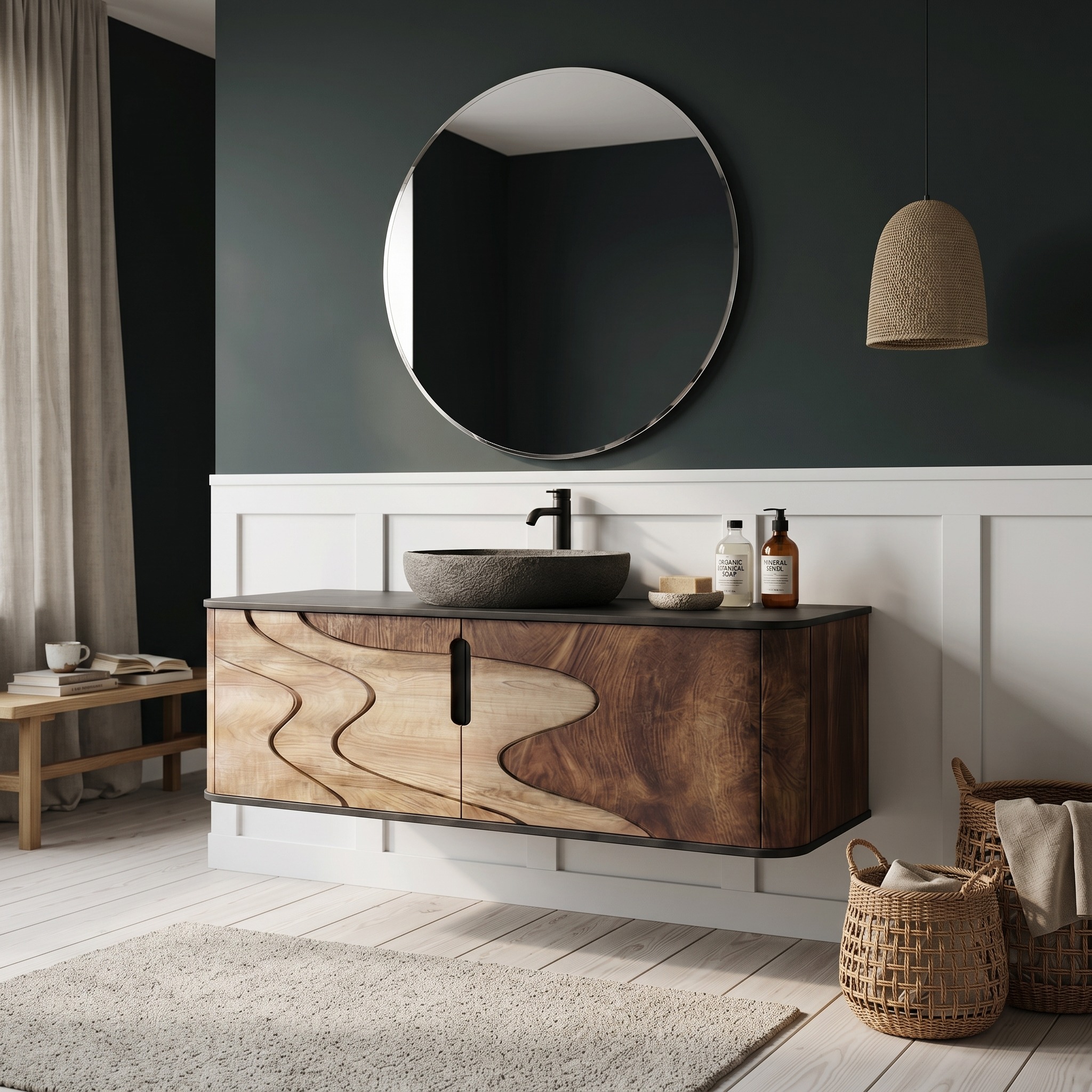 Organic Flow Bathroom Vanity Solid Wood Curved Front Storage Bathroom