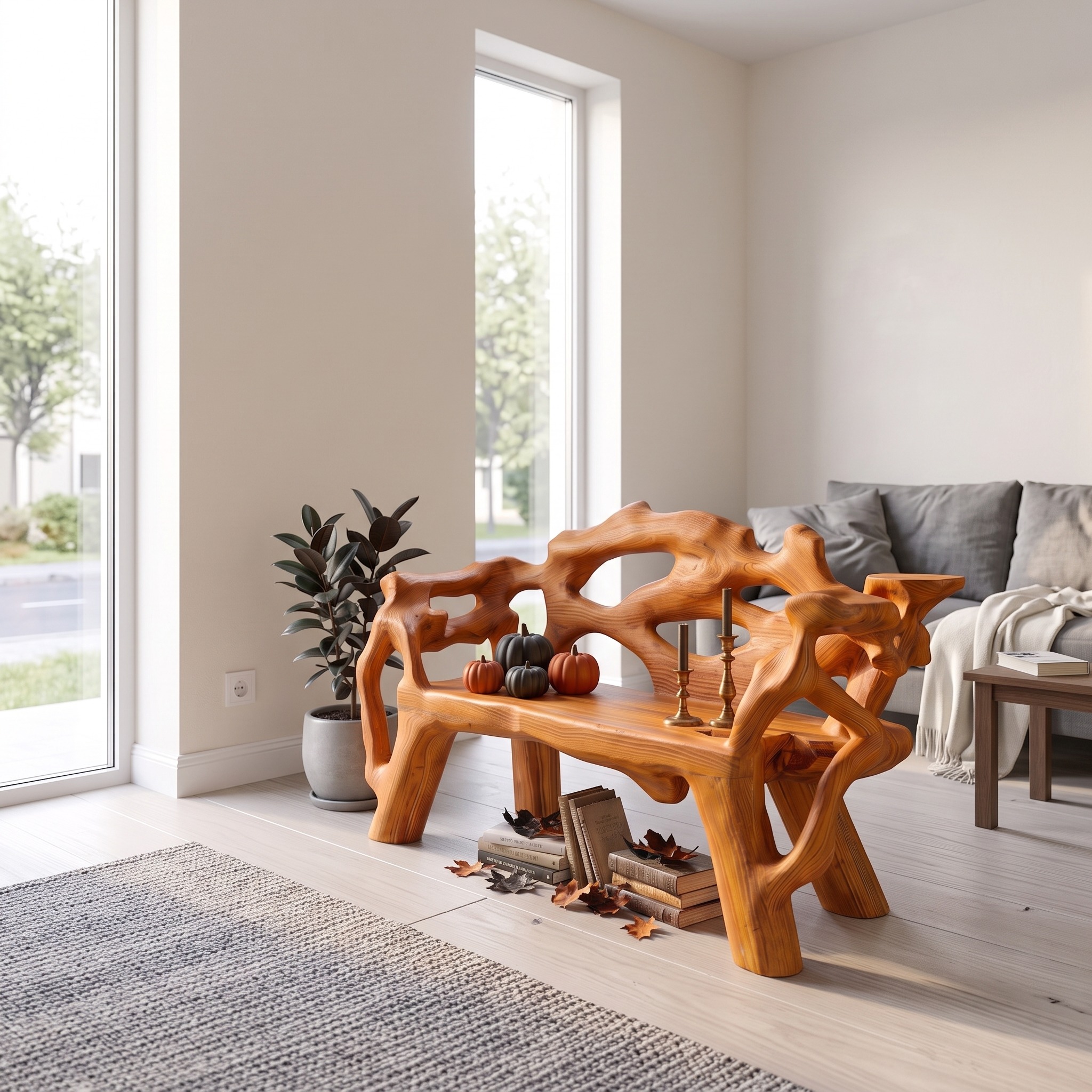 Organic Halloween Patio Bench with Interwoven Tree Inspired Frame for Garden