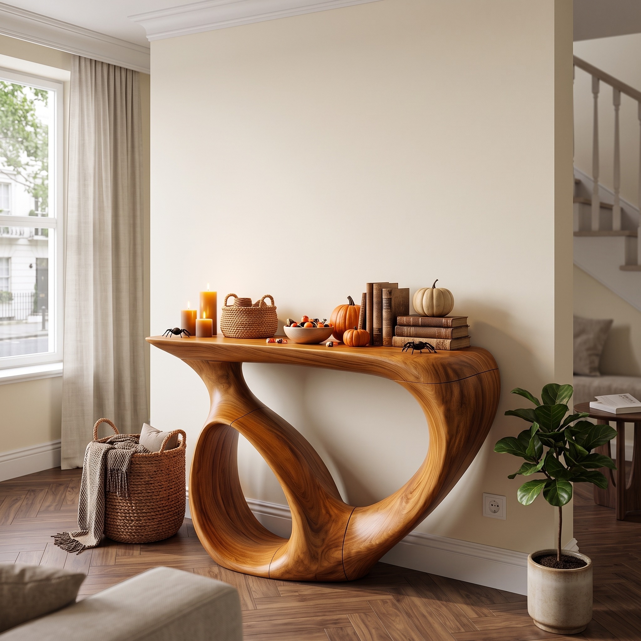 Organic Halloween Sofa Table with Carved Gothic Inspired Frame for Foyer