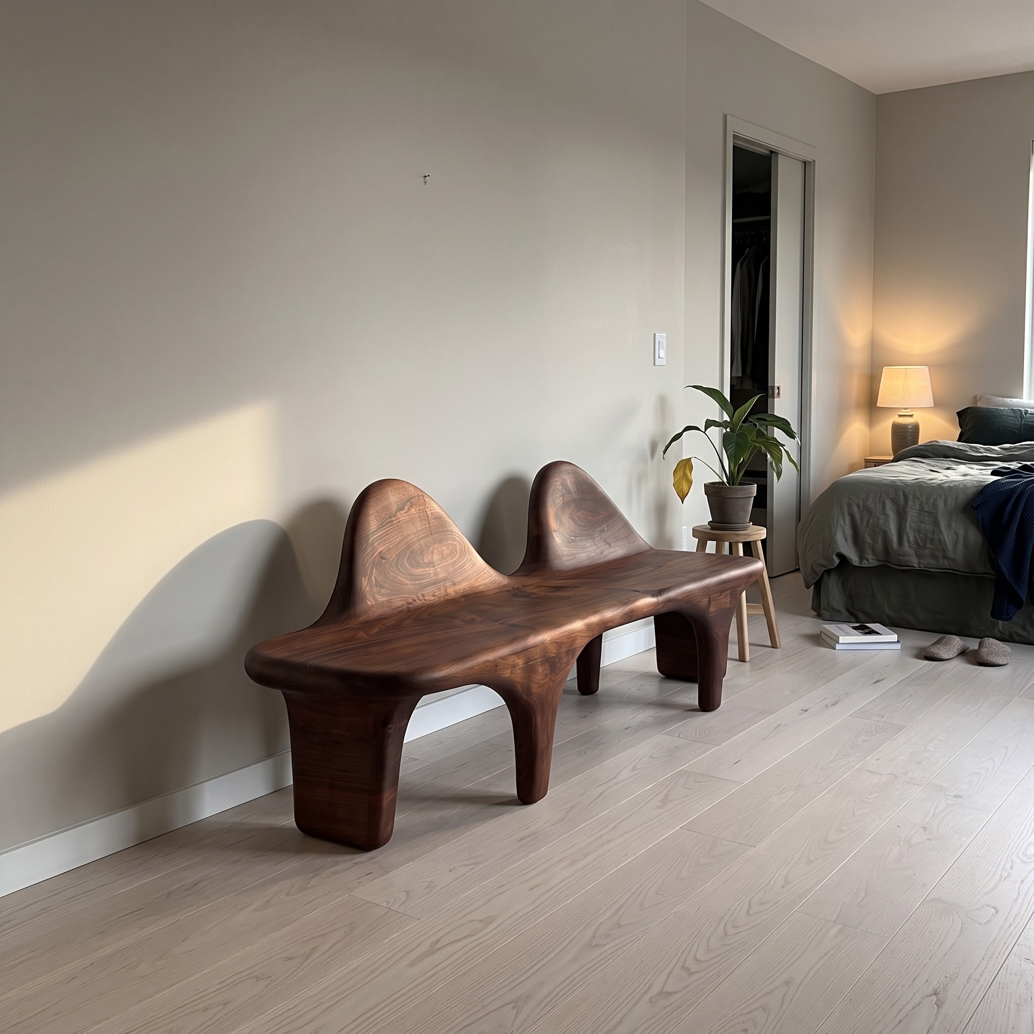 Organic Halloween Wooden Bench with Flowing Back Design for Entryway