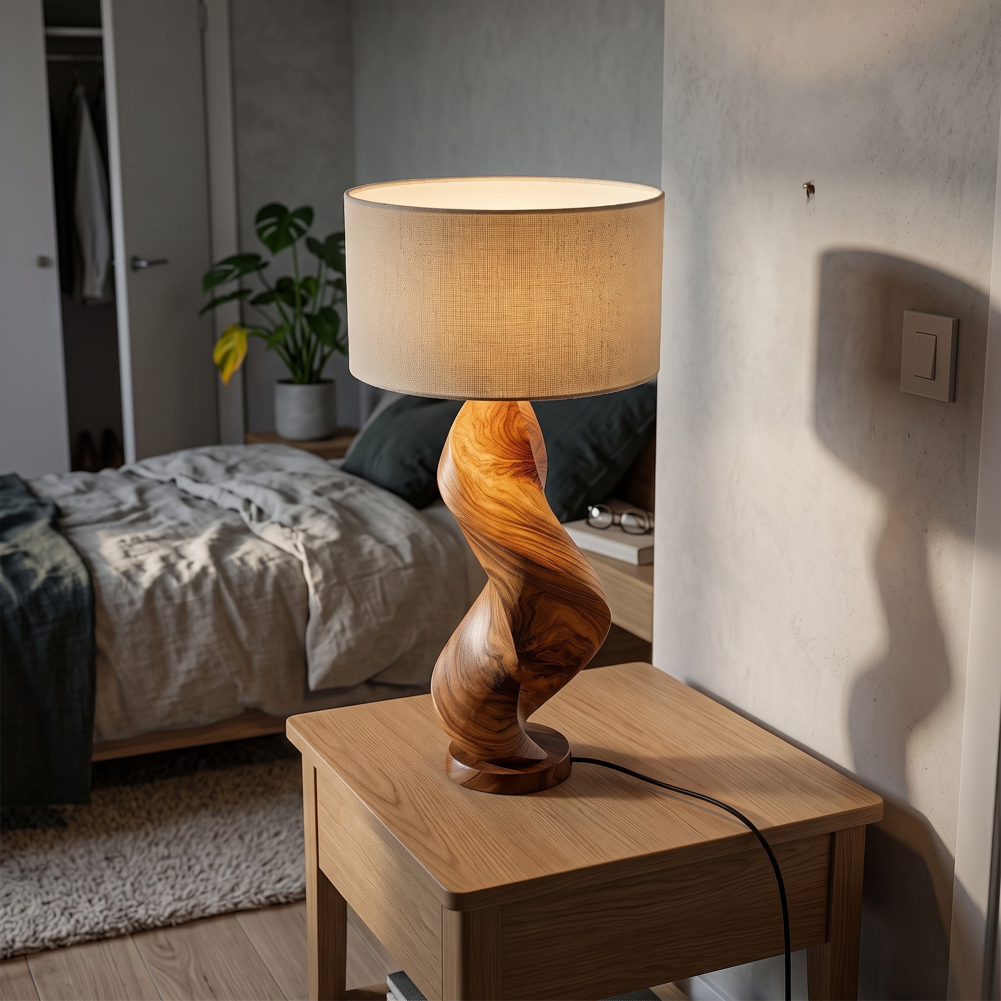 Organic Handcrafted Wood Ambient Lamp, Modern Sculptural Table Light for Bedroom Nightstand, Living Room & Dining Corner