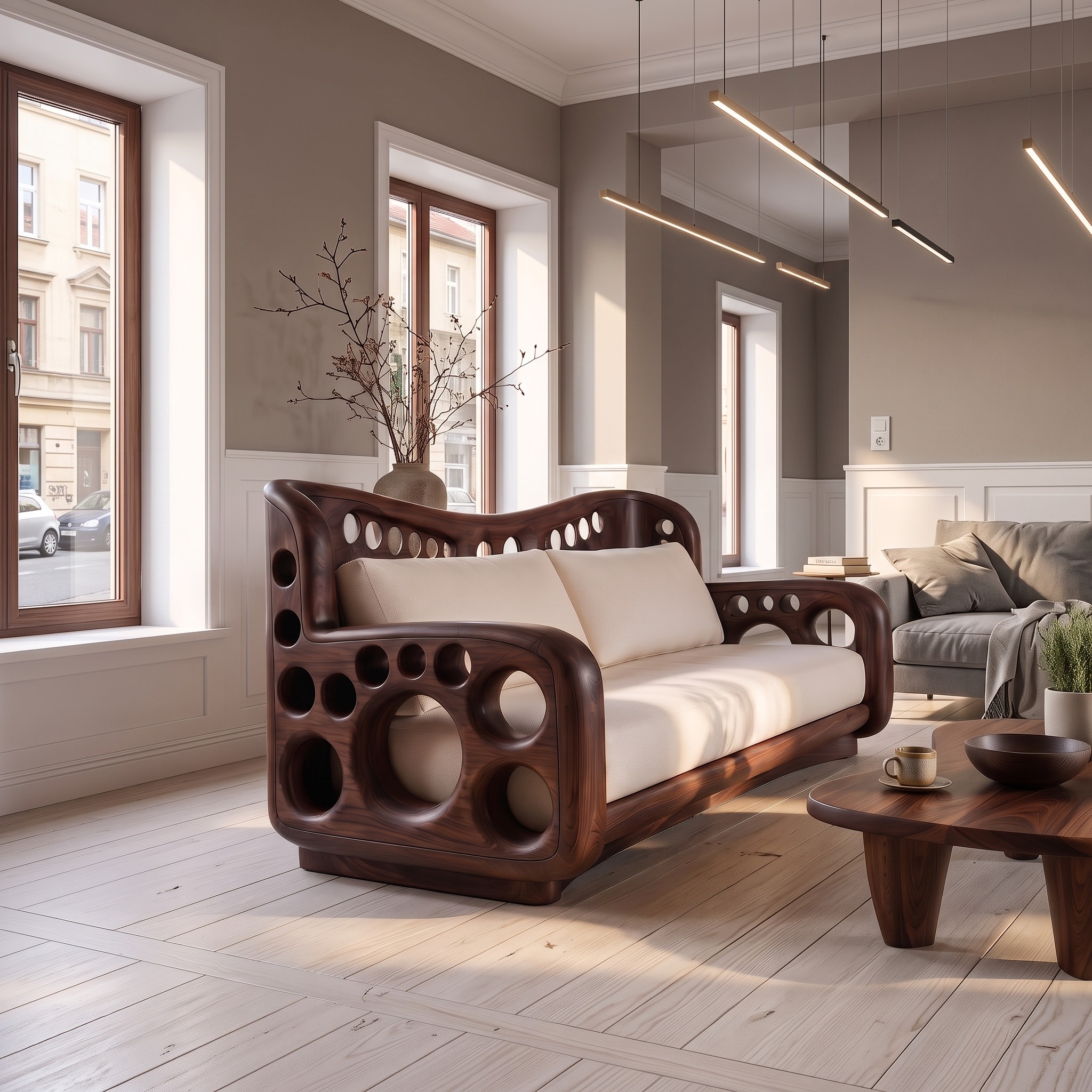 Organic Lounge Sofa with Sculptural Solid Wood Construction