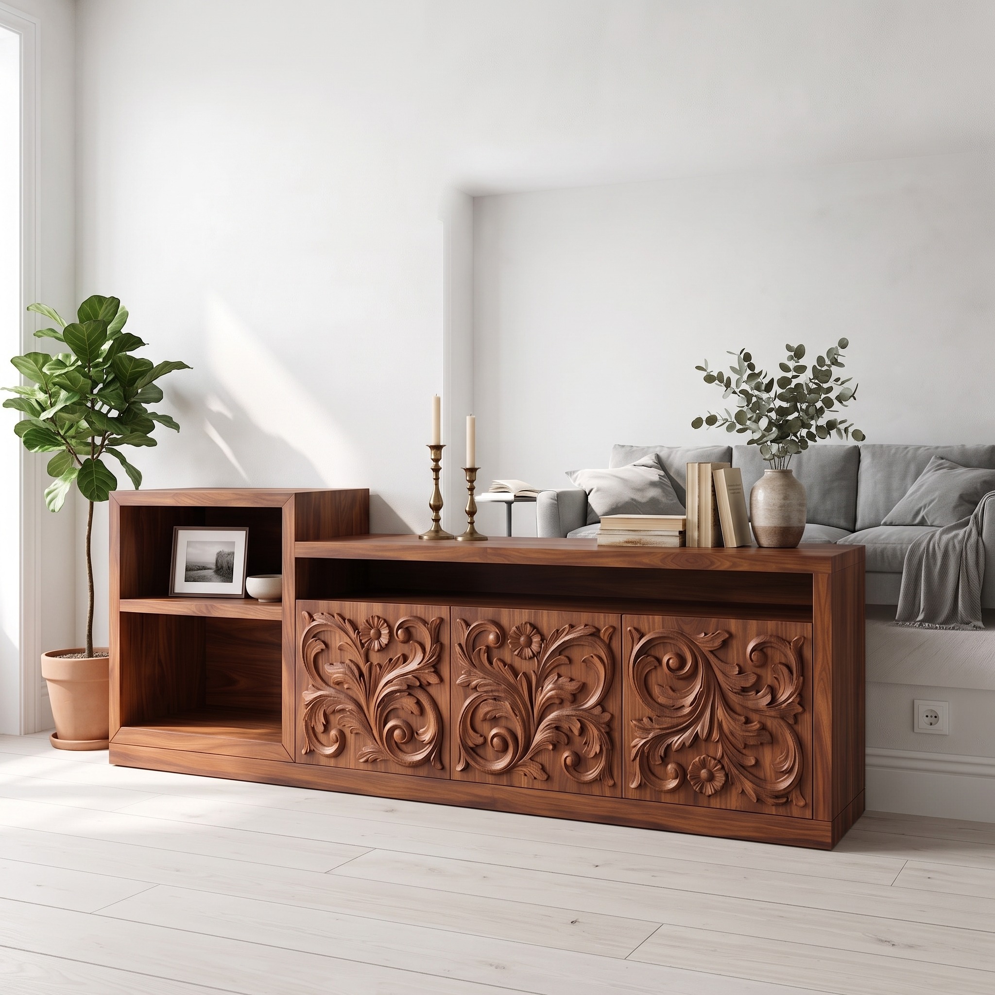 Organic Low Wave Carved Credenza Modern Living Room