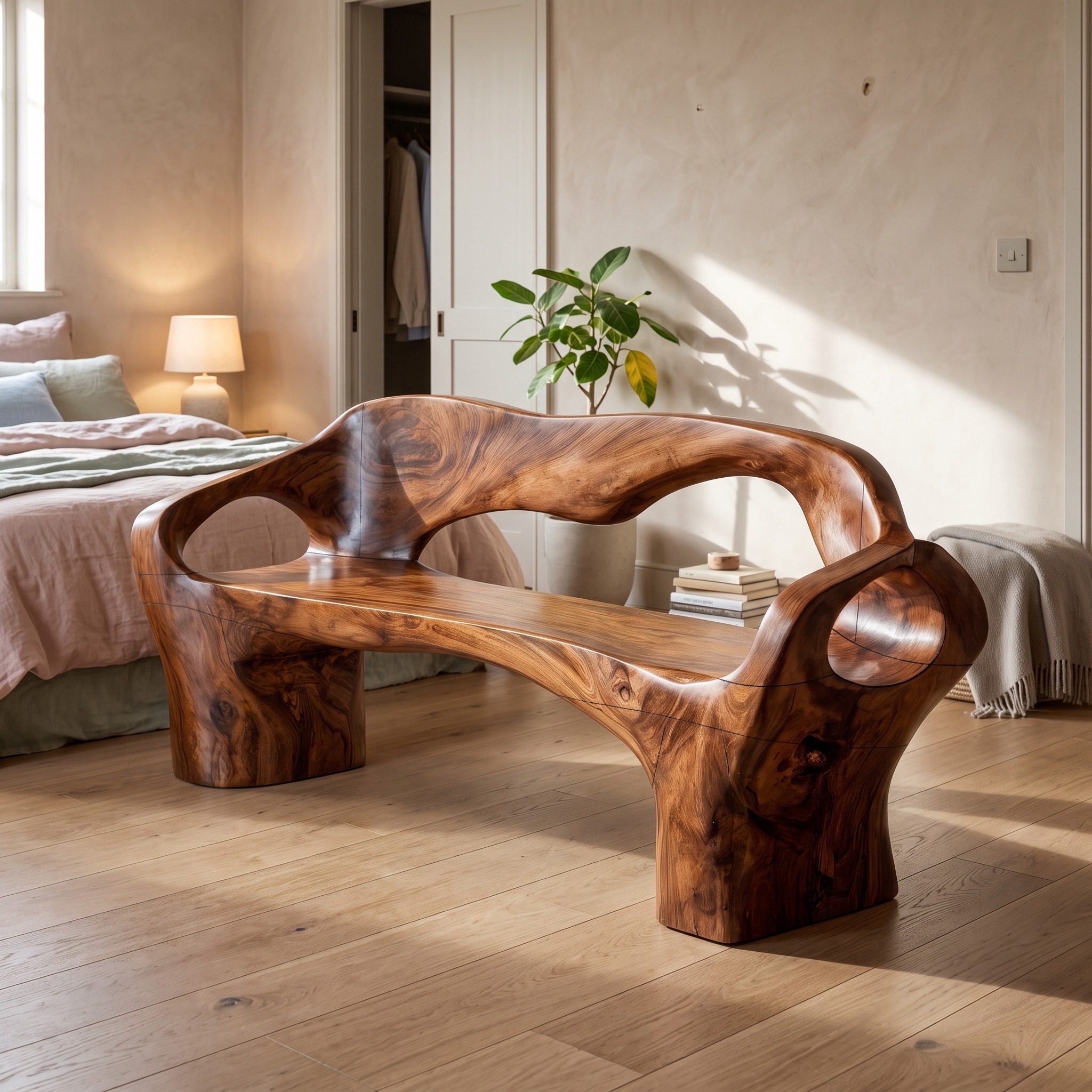 Organic Modern Bench Handcrafted Sculptural Wood Design for Hallway