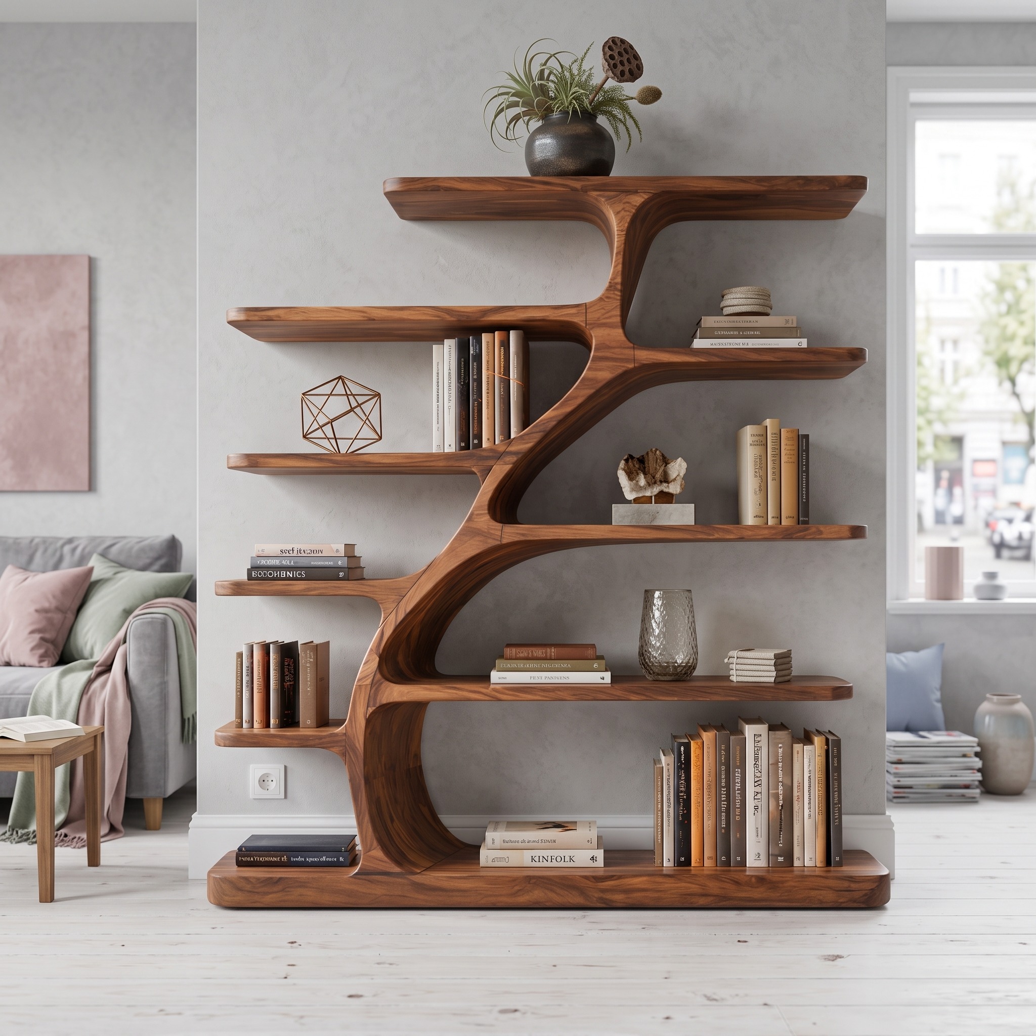 Organic Modern Bookshelf with Flowing Curves for Home Decor