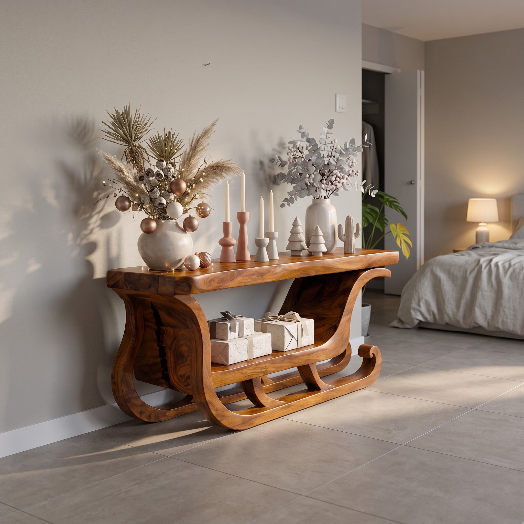 Organic Modern Console Table with Christmas Sleigh Inspired Design for Entryway and Living Room