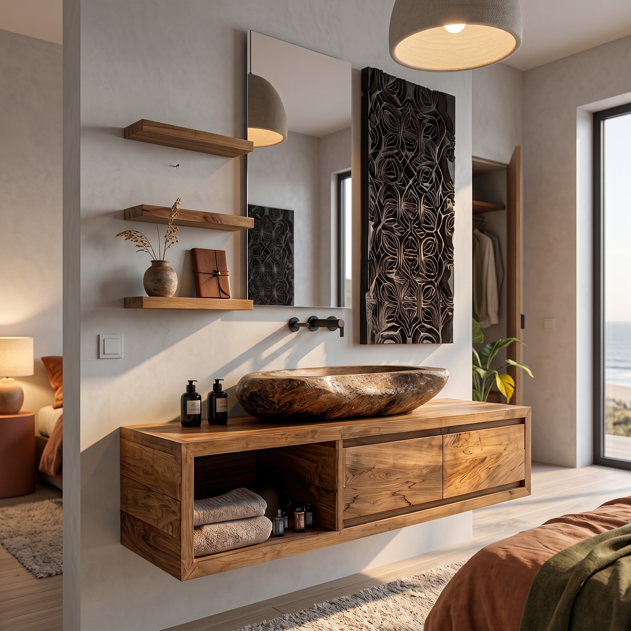Organic Modern Floating Bathroom Vanity with Open Storage