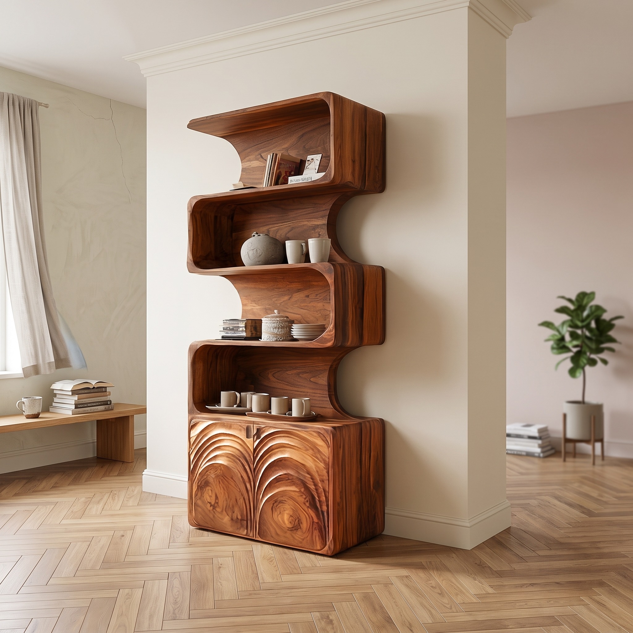 Organic Modern Storage Cabinet and Shelves for Living Room