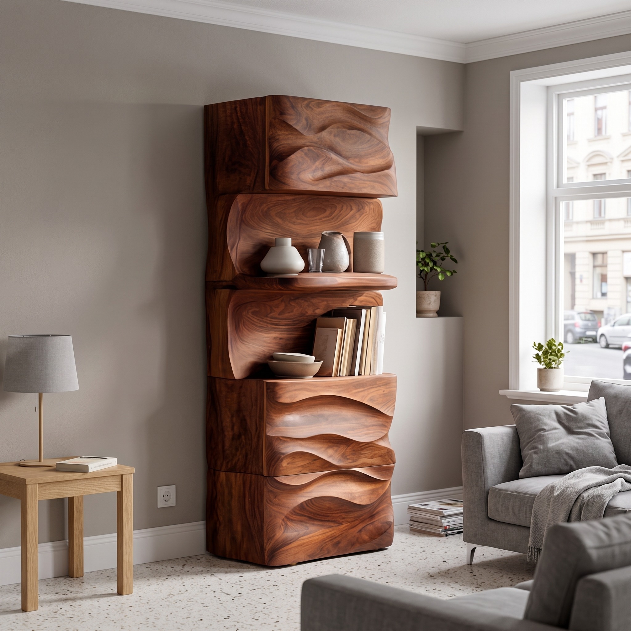 Organic Modern Tall Display Shelf for Living Room and Study