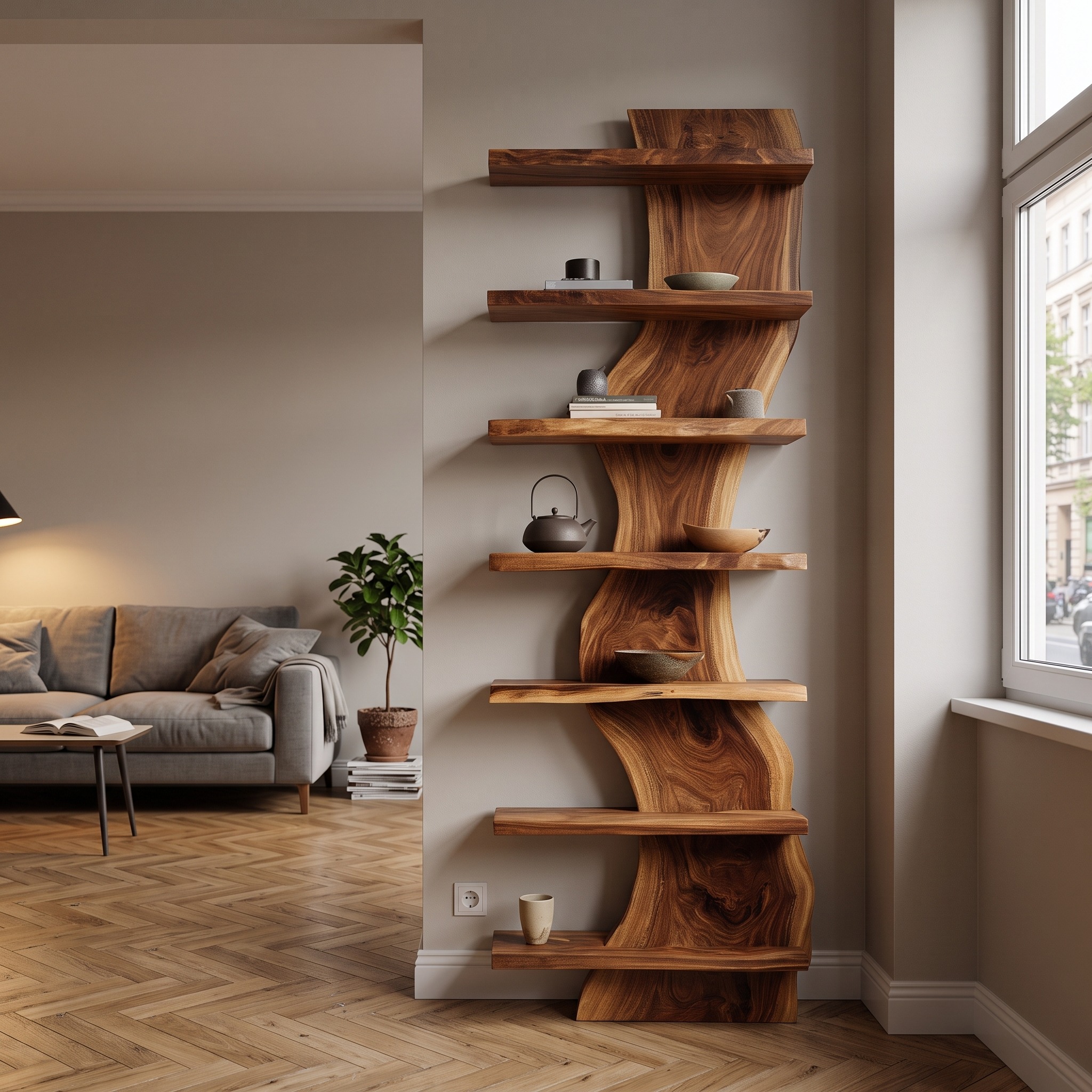 Organic Modern Wood Standing Shelf for Living Room
