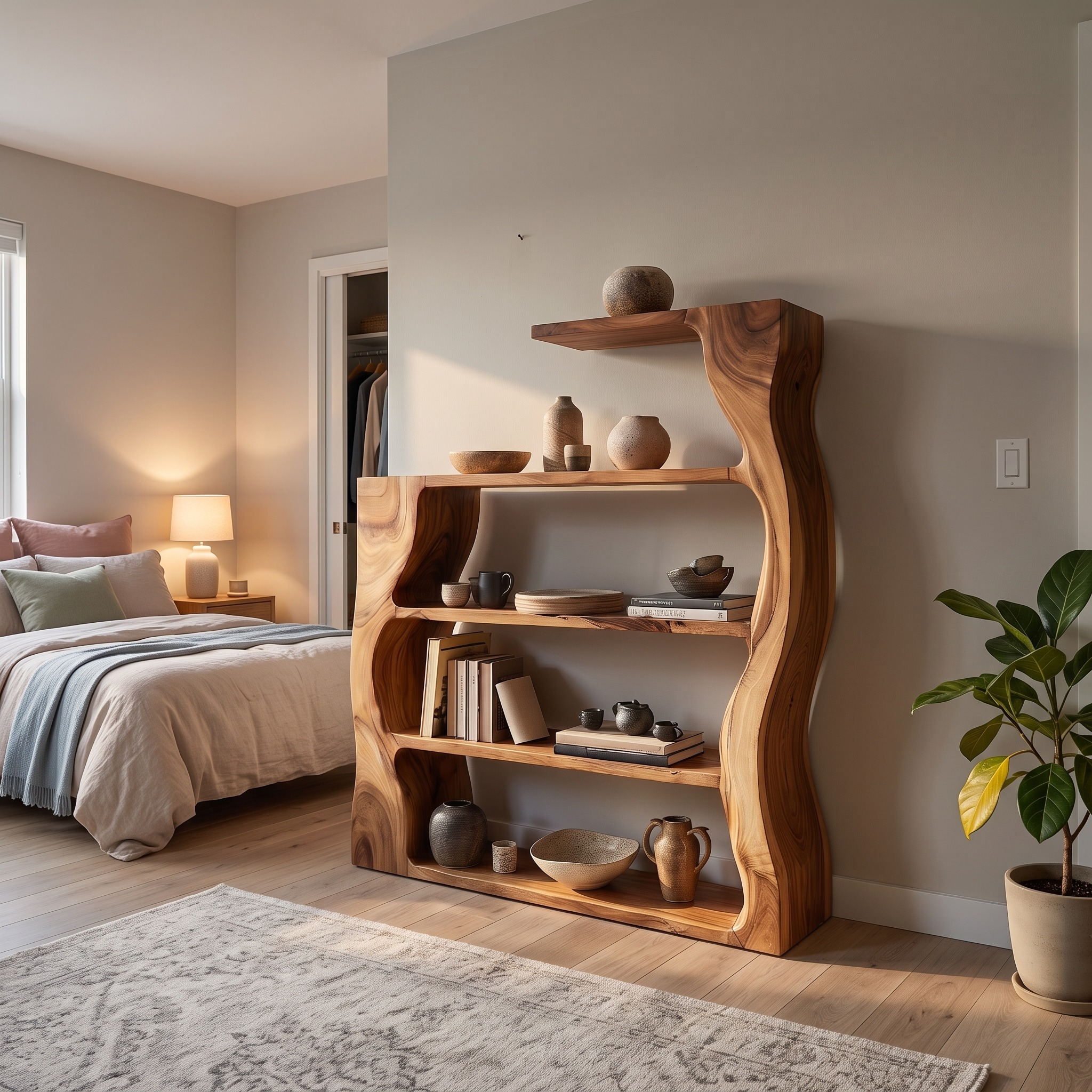 Organic Modern Wooden Bookshelf with Asymmetrical Curved Profile