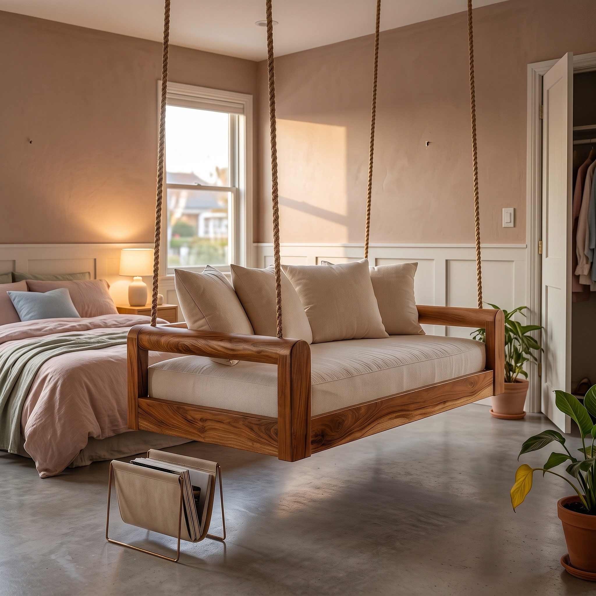 Organic Modern Wooden Hanging Couch Swing Minimalist Interior