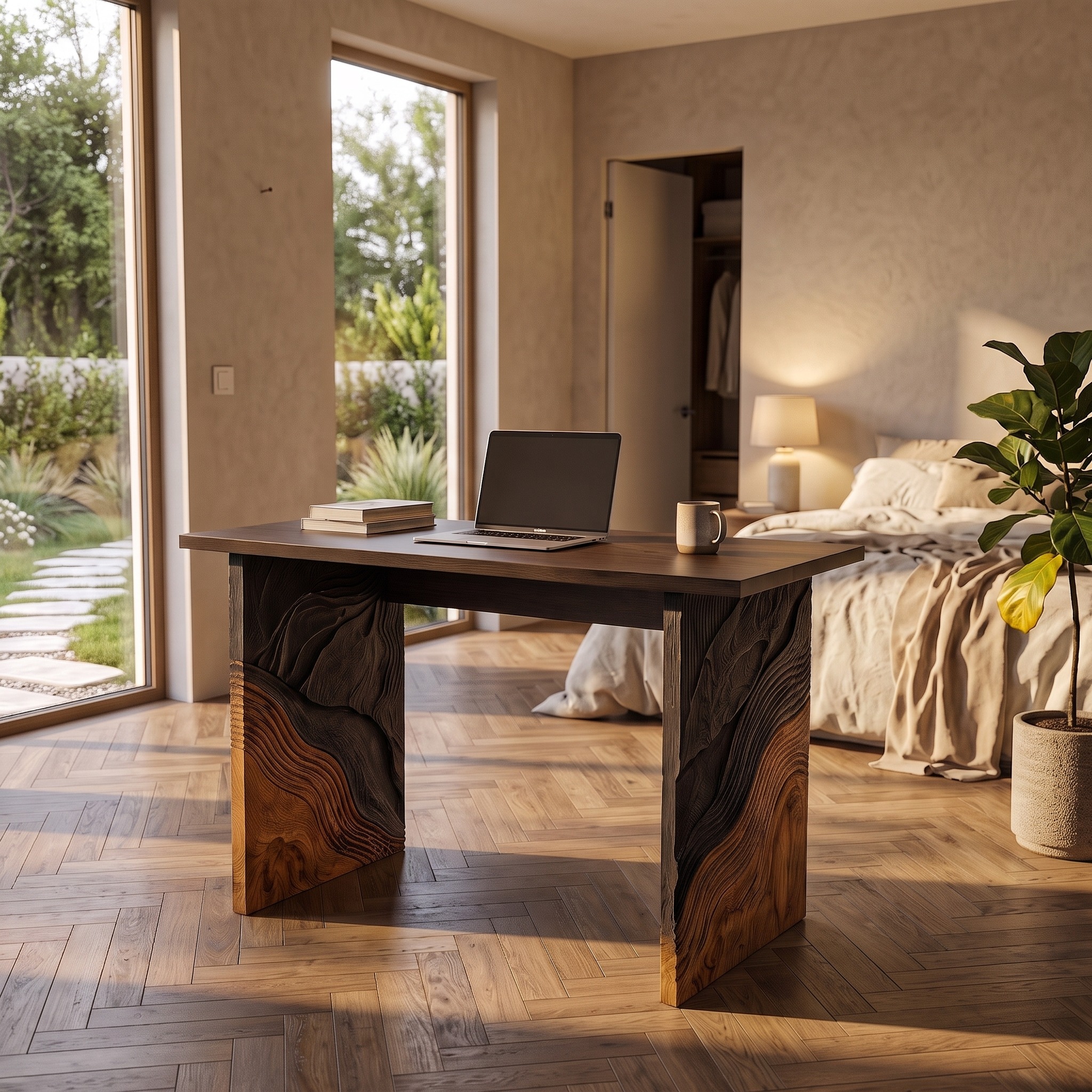 Organic Modern Writing Desk Handcrafted Storage Design for Executive Home Office