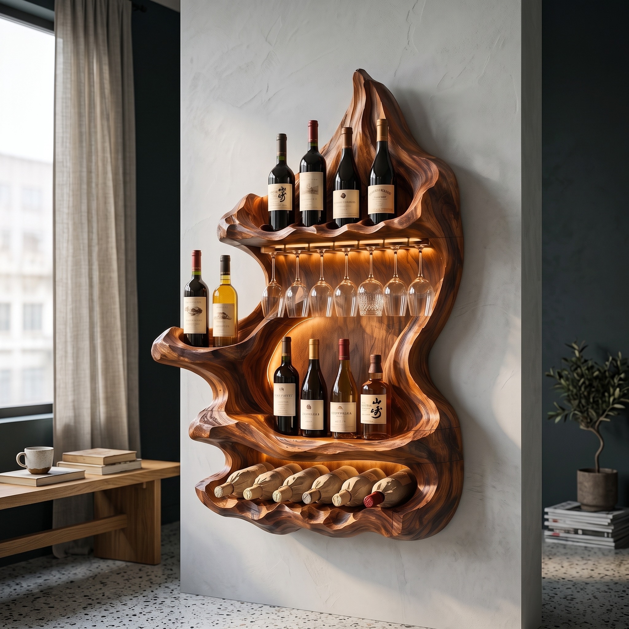 Organic Mountain Inspired Wine Shelf for Lounge Area