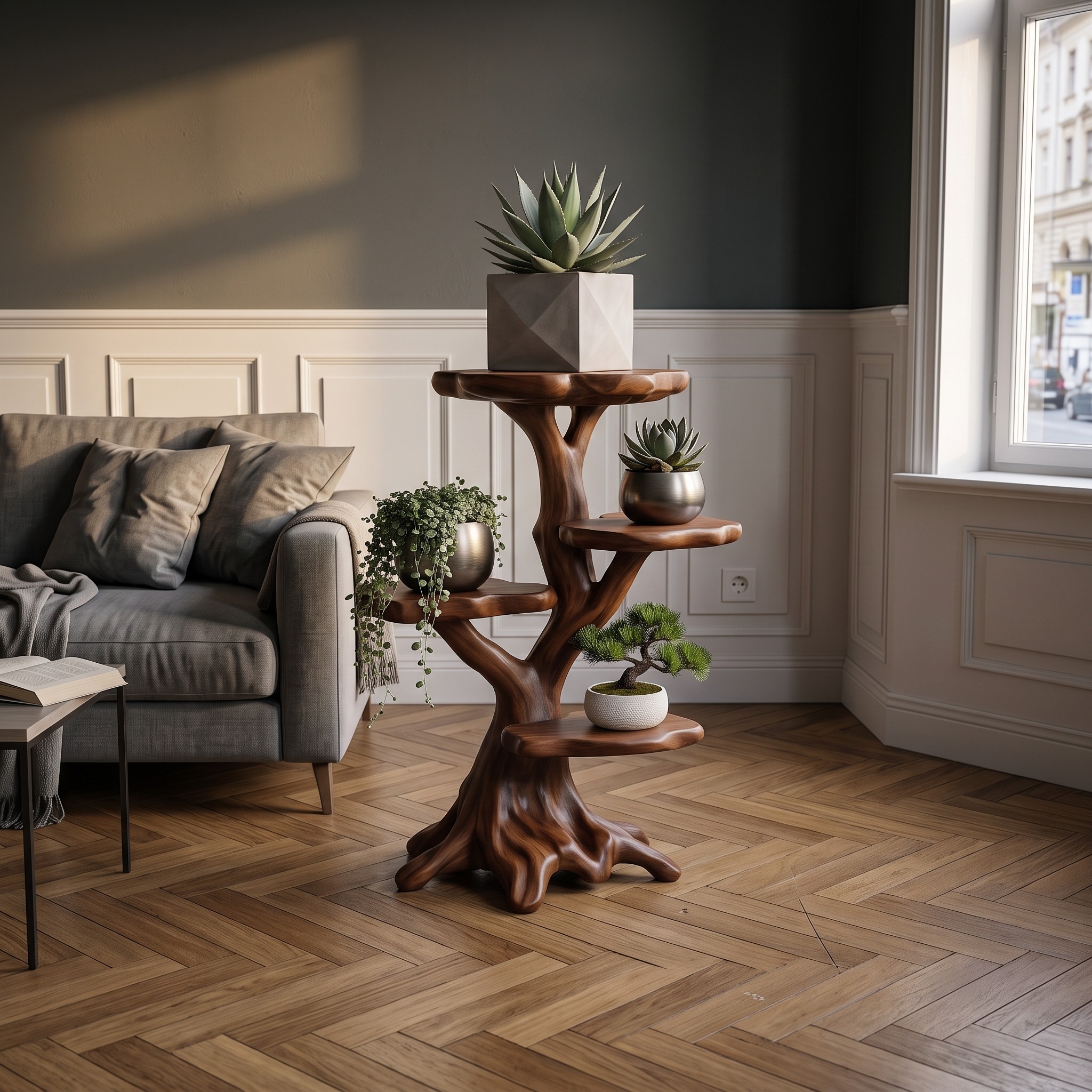 Organic Multi Tier Plant Stand with Sculptural Tree Design for Living Room and Sunroom